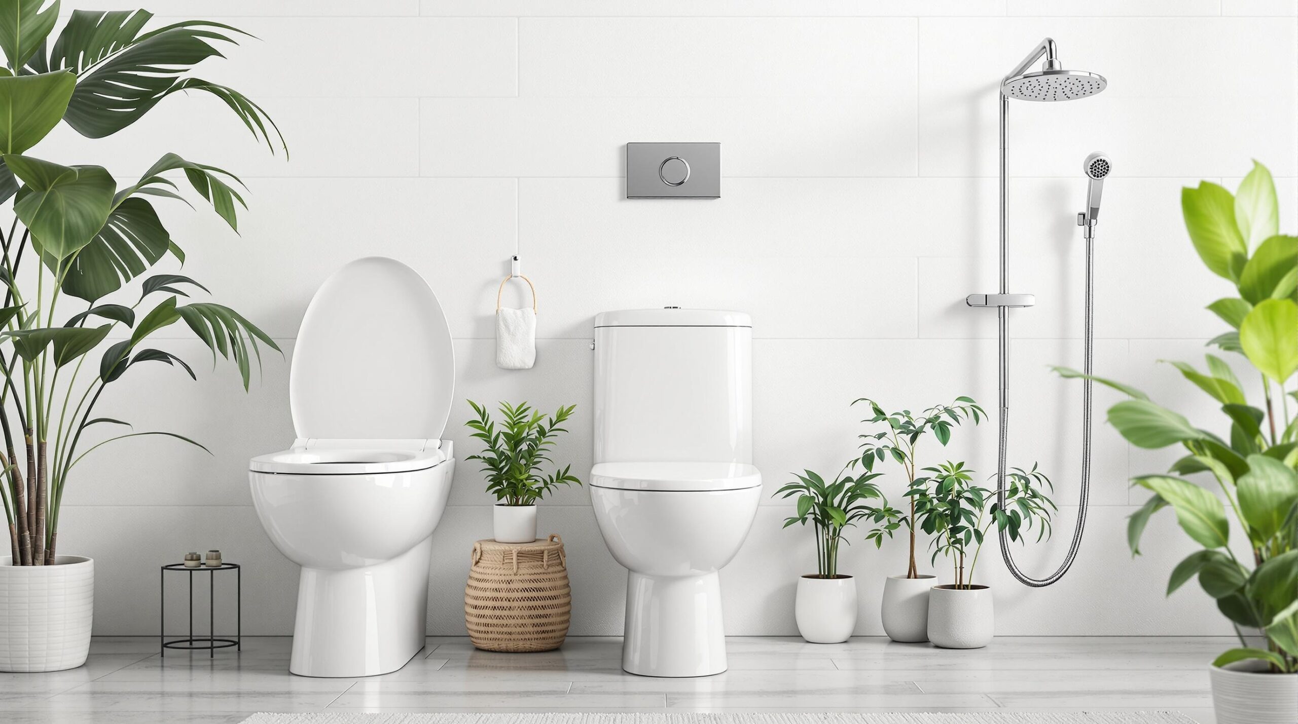 Eco-friendly plumbing fixtures including a water-saving dual-flush toilet and low-flow showerhead, surrounded by natural indoor plants, emphasizing sustainable living and water conservation.