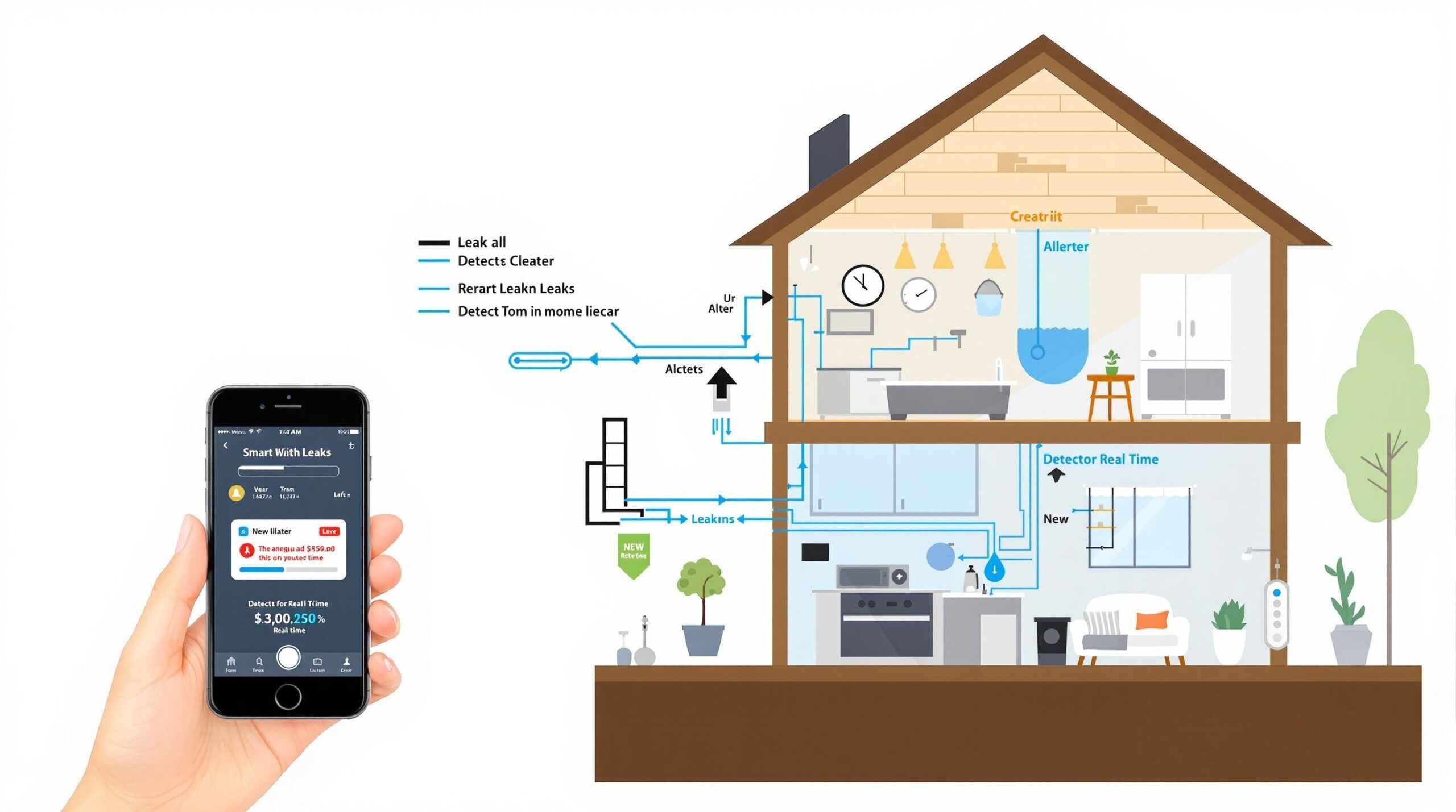 Smartphone displaying alerts from a smart leak detection system, alongside a diagram of a house with plumbing connections and leak sensors, illustrating real-time monitoring and integration with home automation for water damage prevention.