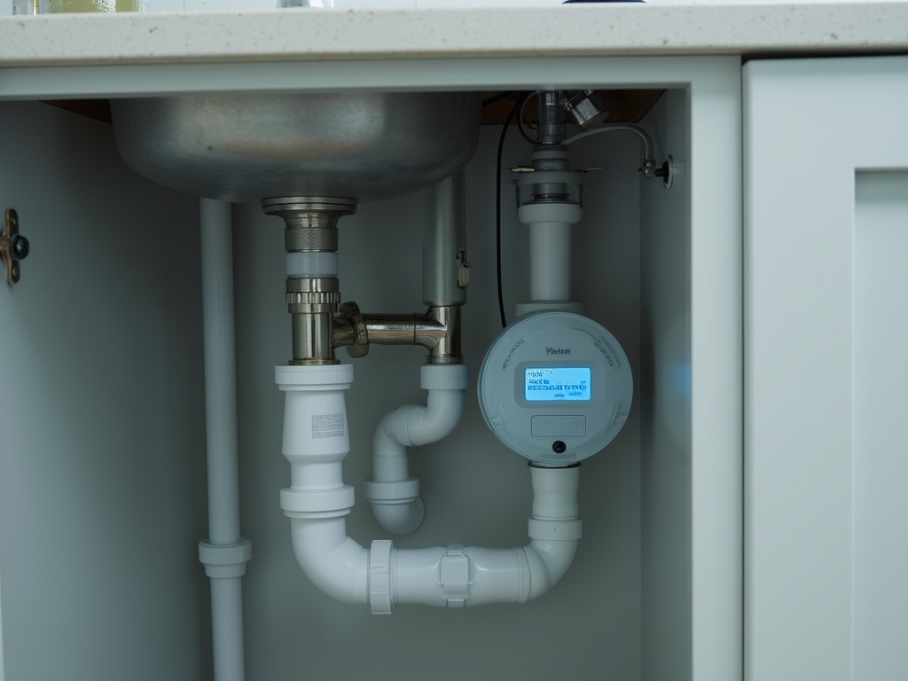Smart leak detection system installed under a kitchen sink, featuring a digital monitor displaying alerts, showcasing plumbing connections and proactive water damage prevention measures.