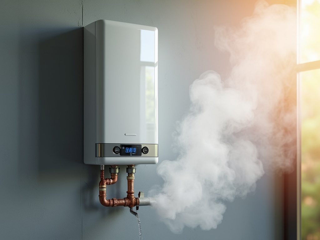 Tankless water heater mounted on wall, displaying digital status panel, emitting steam, symbolizing energy efficiency and on-demand hot water supply.