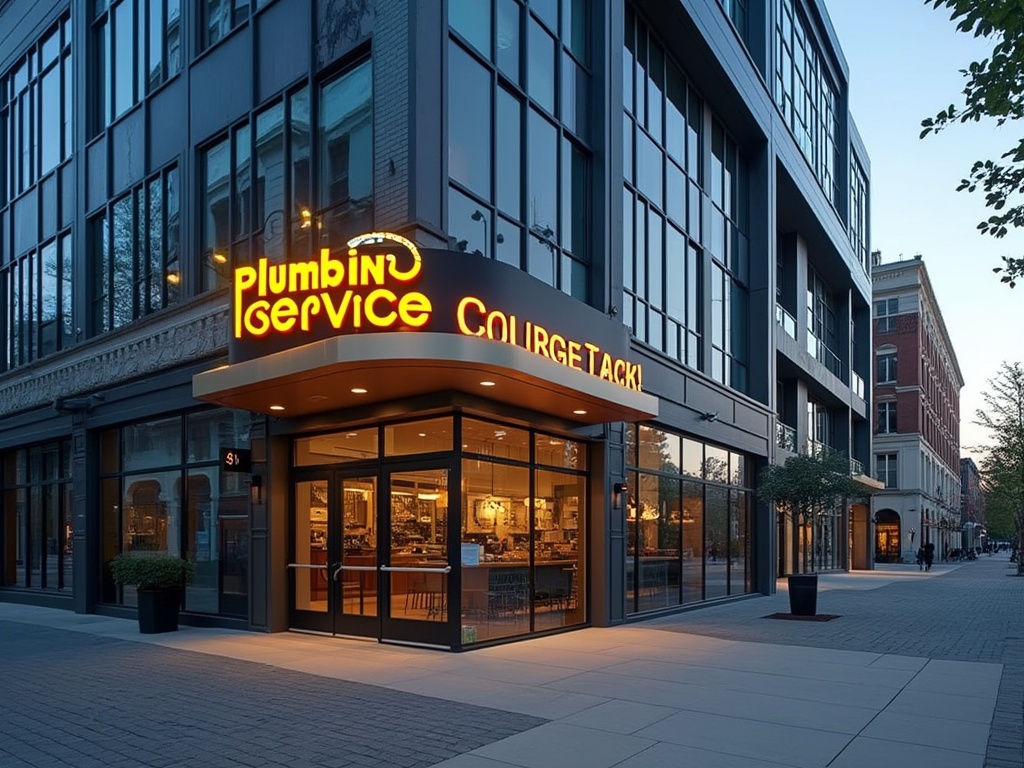 Plumbing service storefront with illuminated signage in a modern urban setting, emphasizing the importance of professional plumbing services for backflow prevention and water safety.