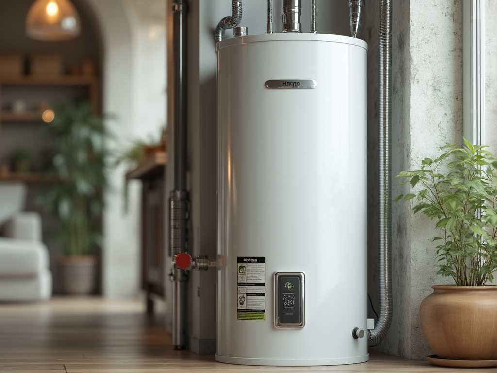 Energy-efficient water heater in a modern kitchen setting, emphasizing sustainability and home improvement.
