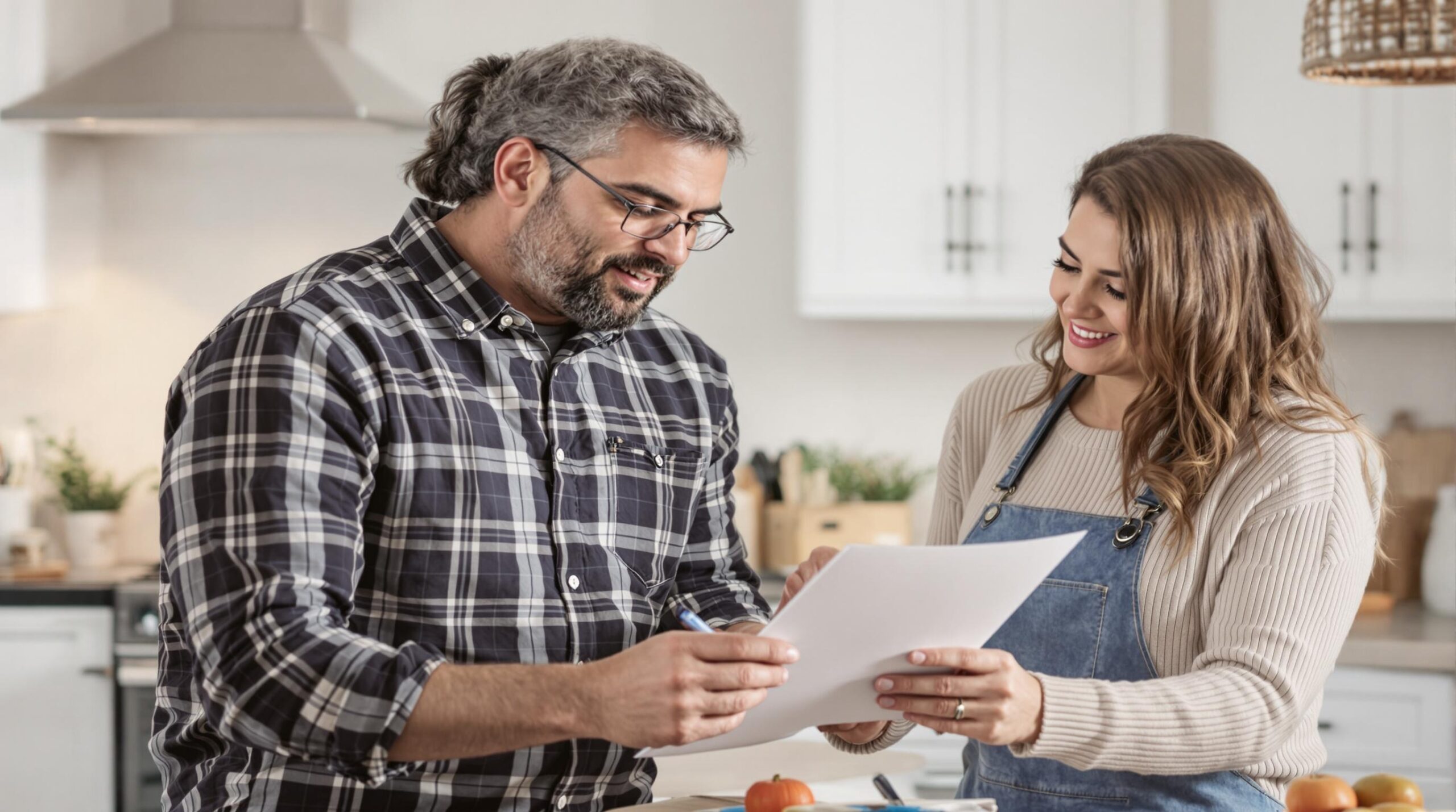 Homeowner consulting with a professional in a kitchen, reviewing a checklist for informed decision-making on energy-efficient water heater installation.