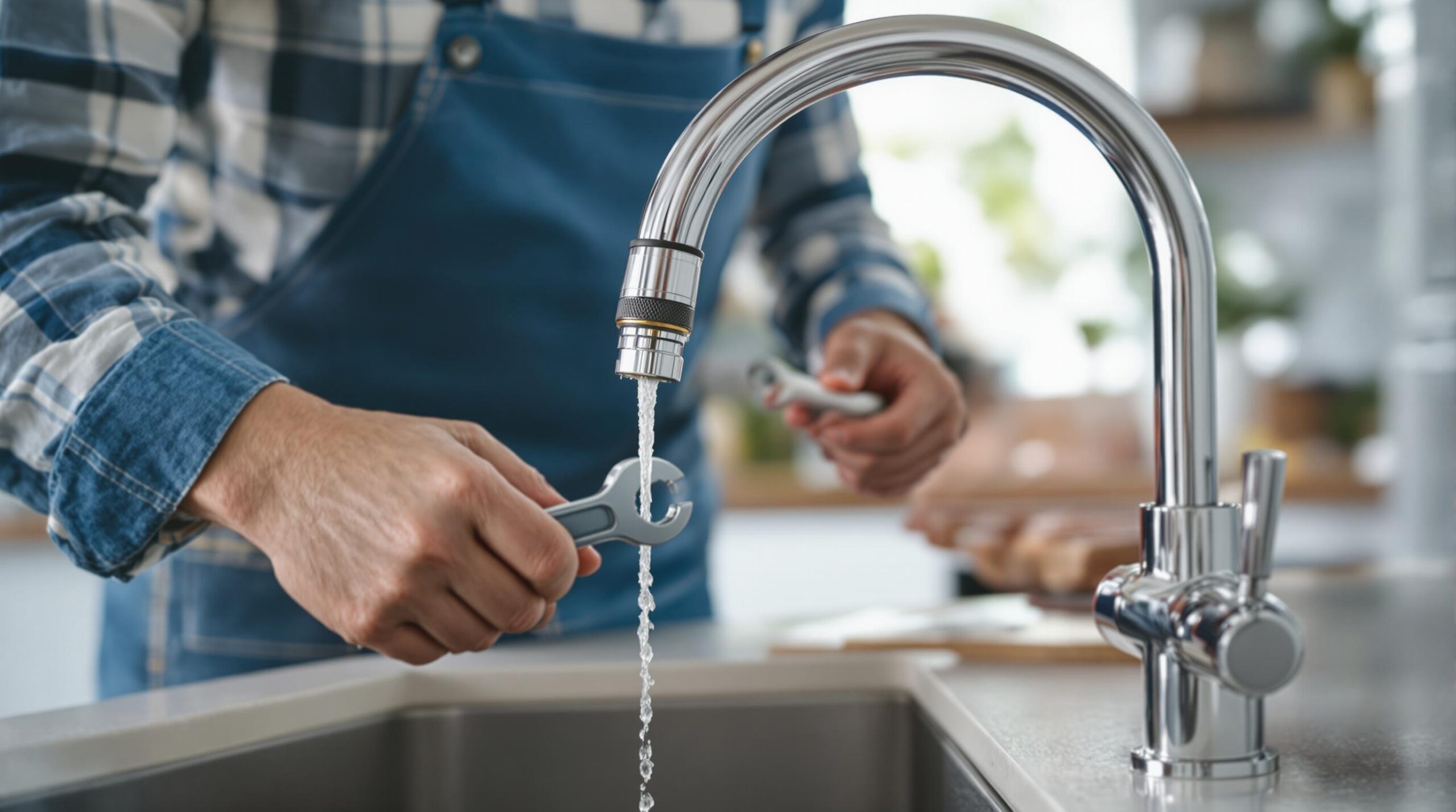 Person adjusting kitchen faucet with wrench, water flowing, demonstrating plumbing maintenance for homeowners.