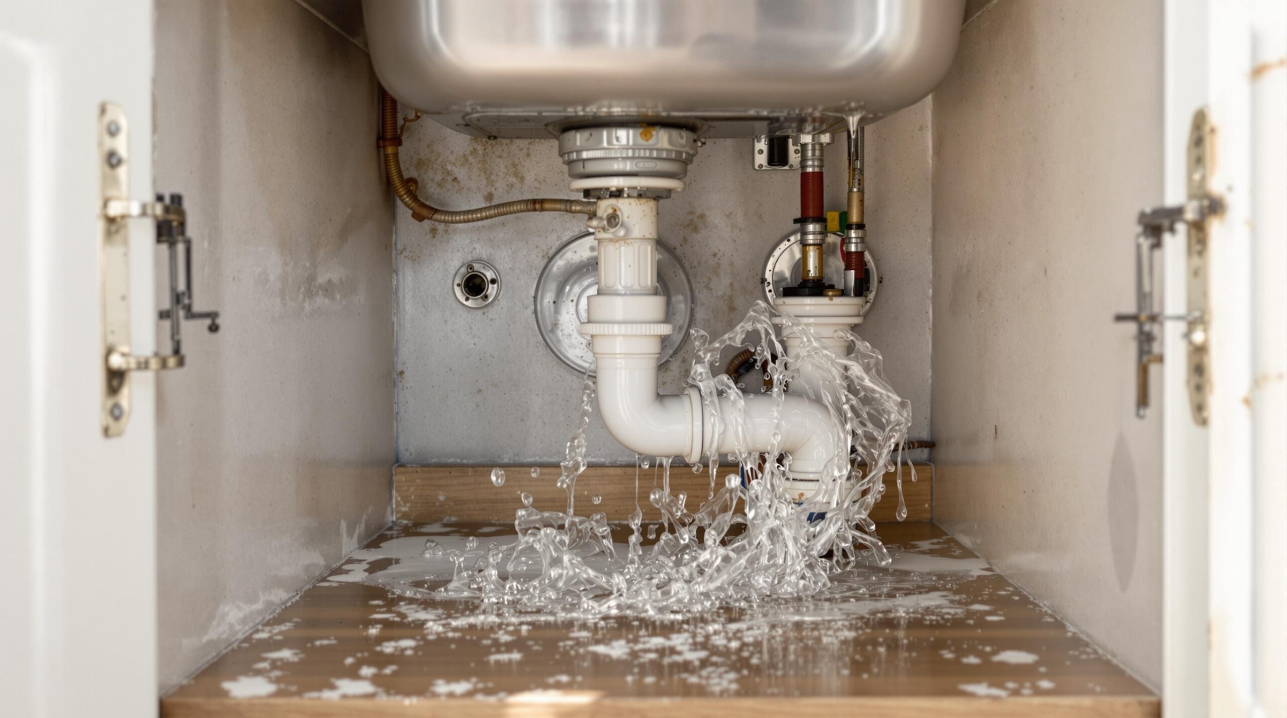 Water leaking from a broken kitchen sink pipe, causing flooding on the wooden cabinet floor, highlighting a plumbing emergency.