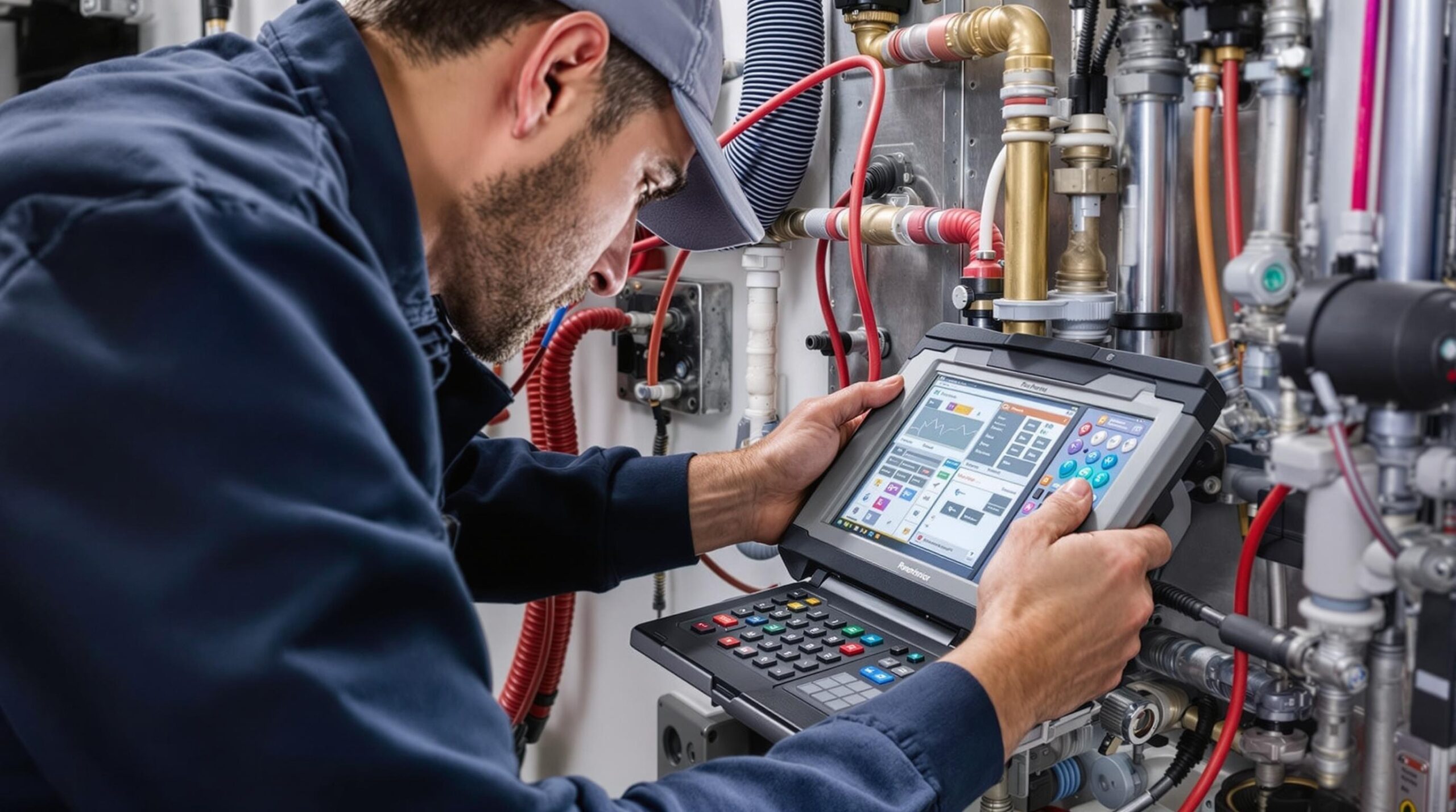 Professional plumber using advanced diagnostic tools to assess a commercial plumbing system in Tidewater, DE.