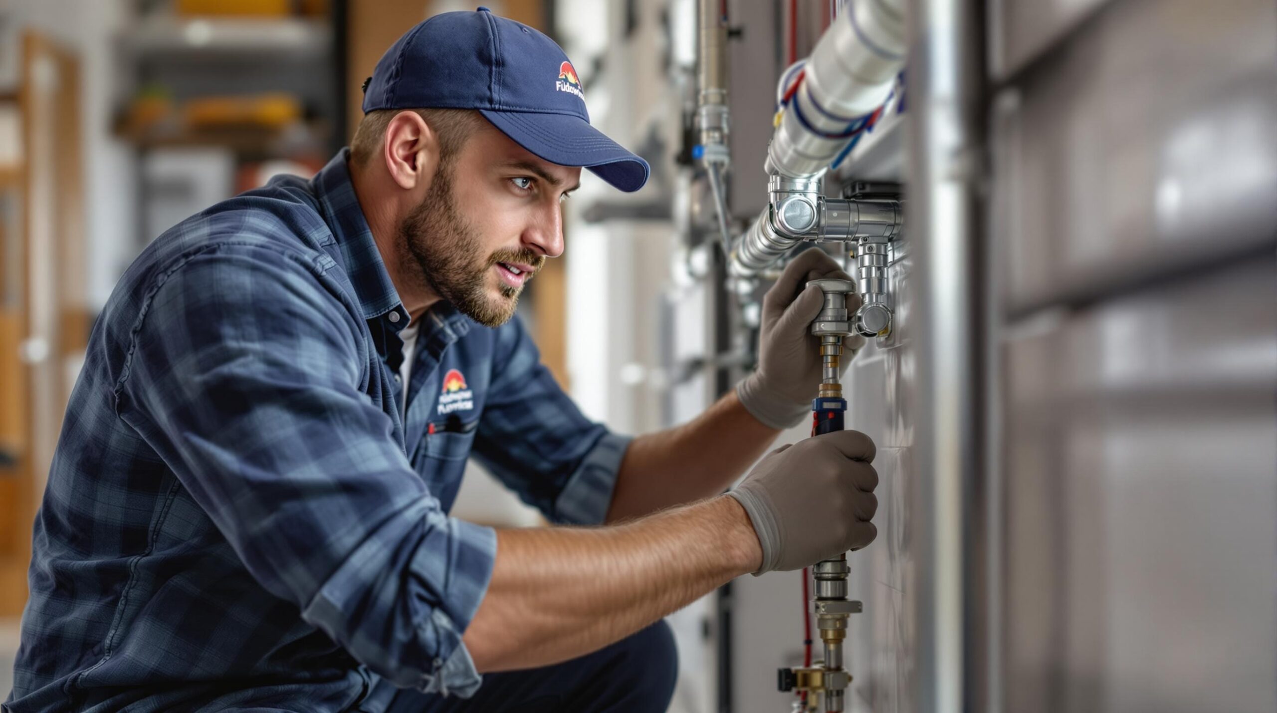 Professional plumber assessing plumbing pipes in residential setting, showcasing expertise and reliability in emergency plumbing services in Tidewater, DE.
