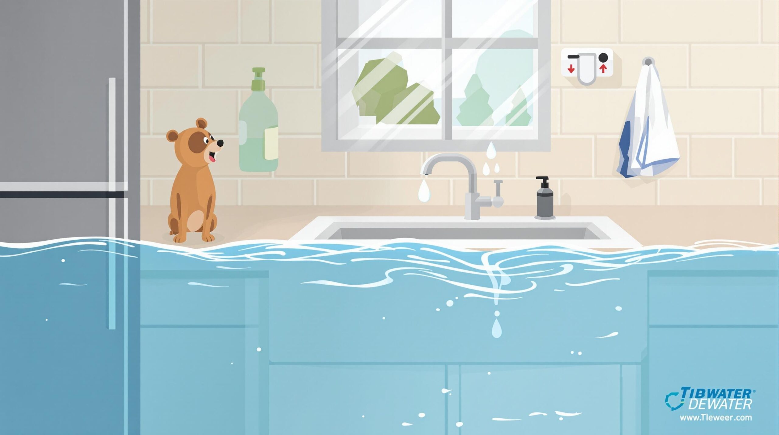 Professional plumber assessing flooded kitchen with water around sink and animated dog observing, highlighting plumbing emergency response in Tidewater, DE.