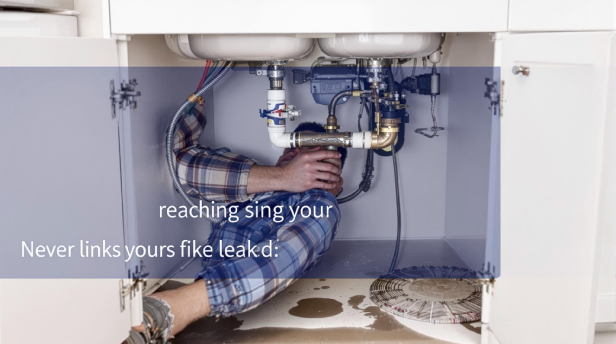 Person reaching under a sink to address plumbing issues, with visible water damage on the floor, highlighting urgent plumbing repairs in a home setting.