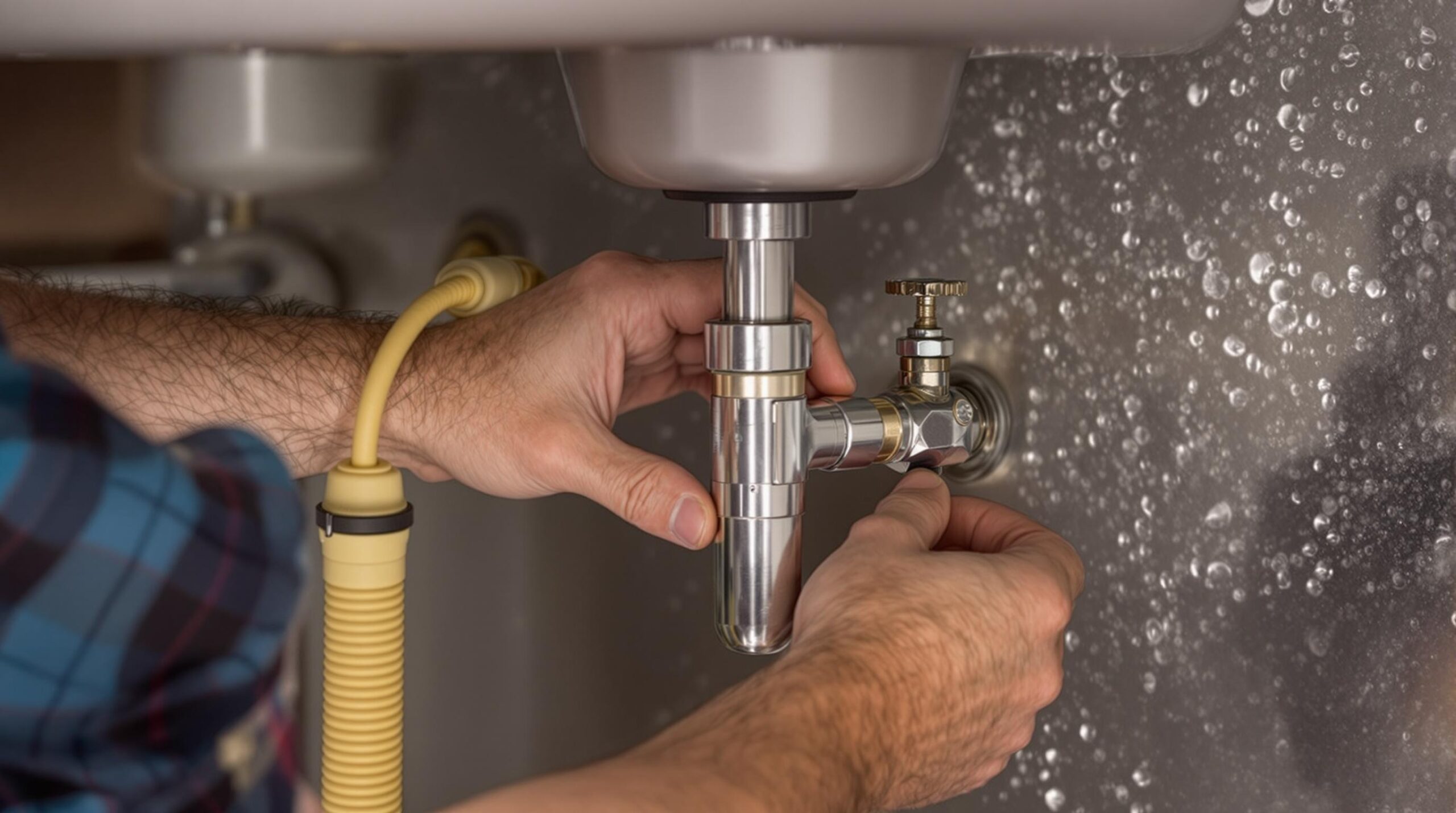 Plumber inspecting a burst pipe under a sink, wearing protective gear, with water droplets on the surface, highlighting emergency plumbing situation in a home.