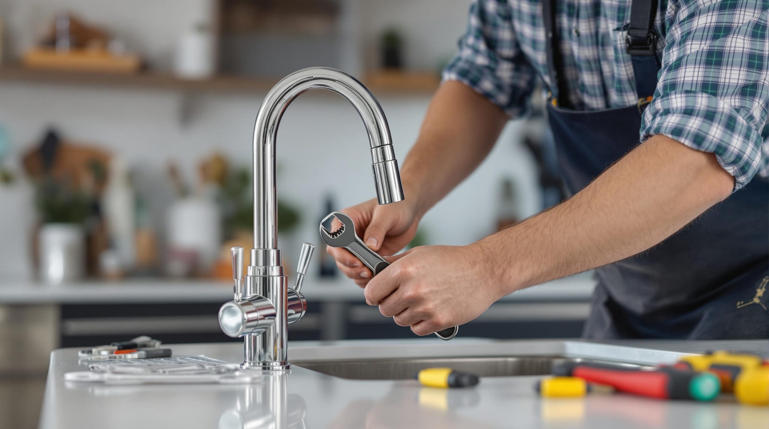 DIY enthusiast fixing a leaky faucet with a wrench in a modern kitchen, surrounded by various plumbing tools, illustrating plumbing maintenance tips for homeowners.