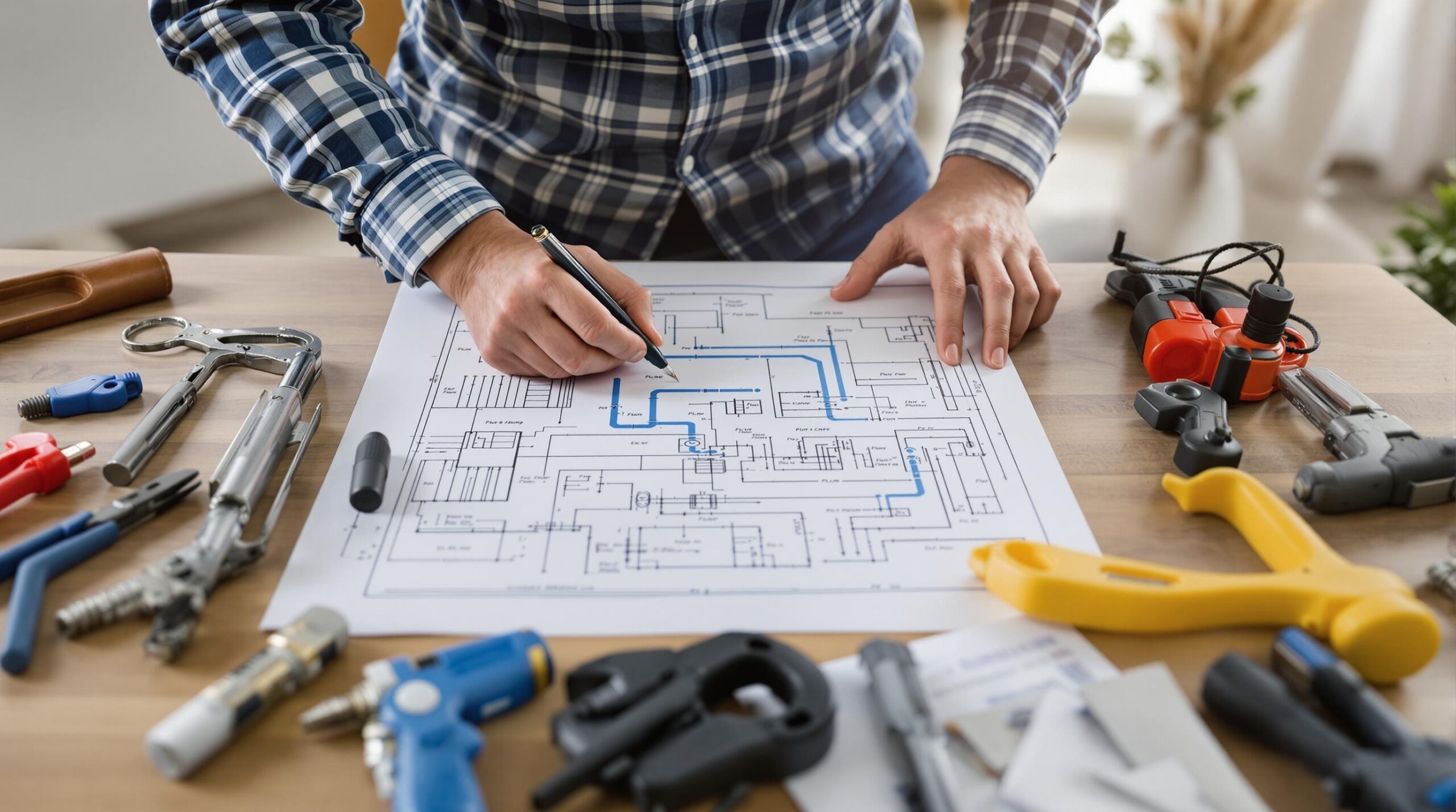 DIY enthusiast analyzing plumbing blueprint with tools including wrenches, pliers, and a drill on a wooden table in a modern kitchen setting.