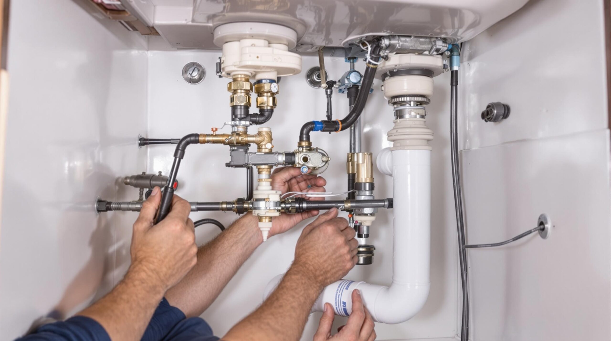 Plumber working on residential plumbing system, adjusting pipes and valves in sink area, relevant to plumbing maintenance tips for homeowners in Townsend, DE.