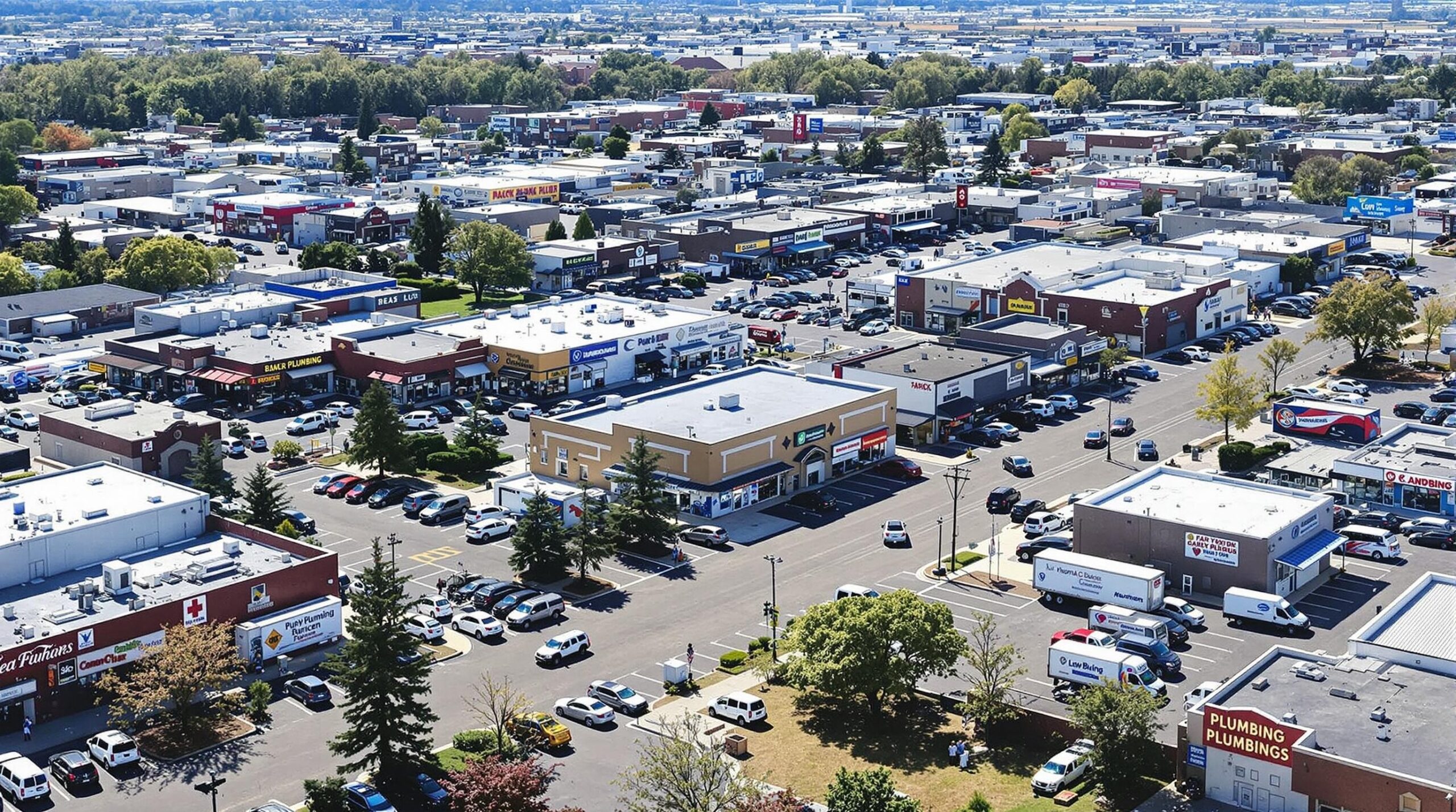 Aerial view of a commercial area in Warwick, DE, featuring various businesses including plumbing services, emphasizing the importance of efficient plumbing for local enterprises.