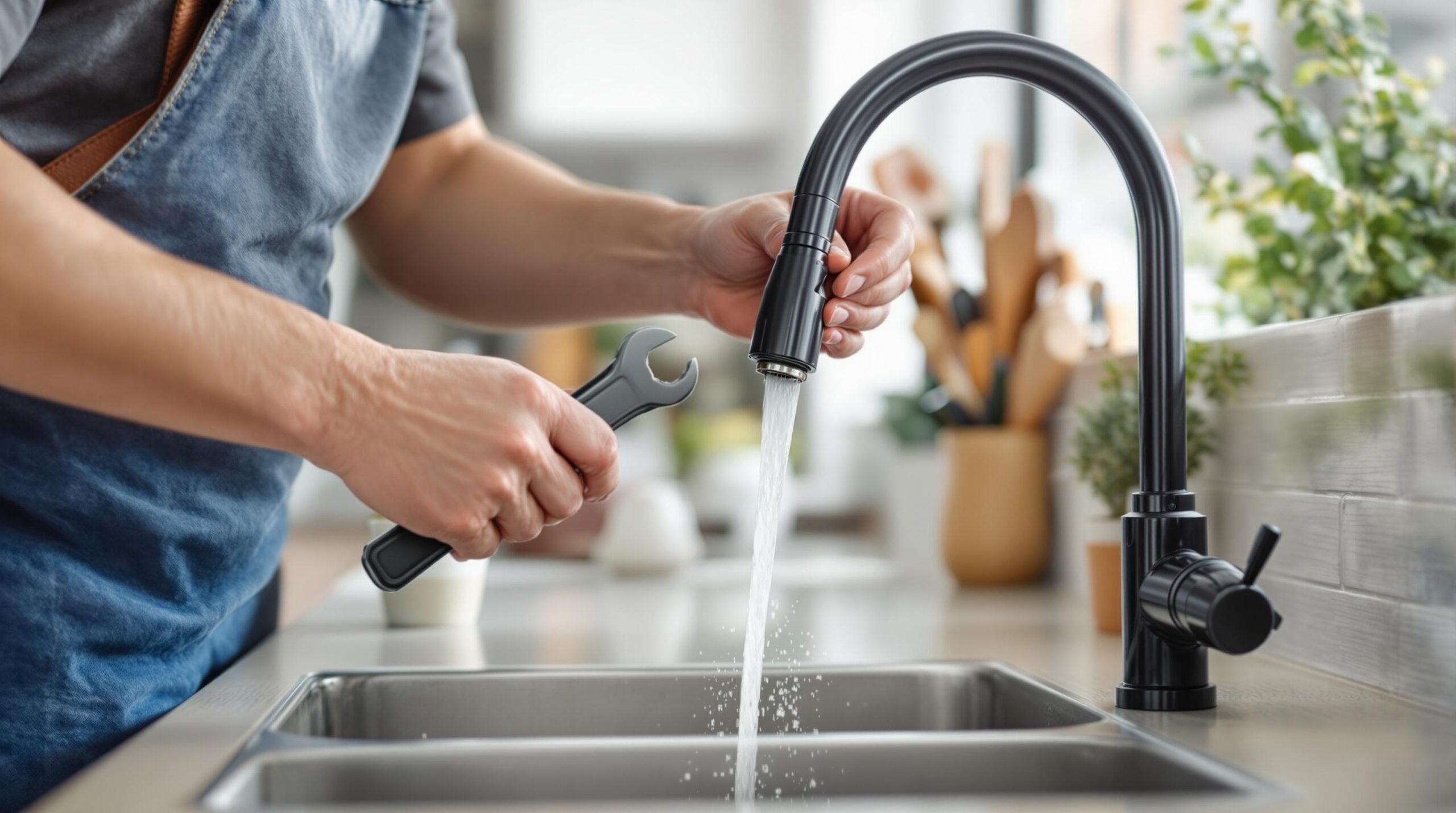 Person using a wrench to fix a kitchen faucet, water flowing from the spout, modern kitchen setting with utensils and plants in the background, related to DIY plumbing solutions for Tidewater, DE homes.