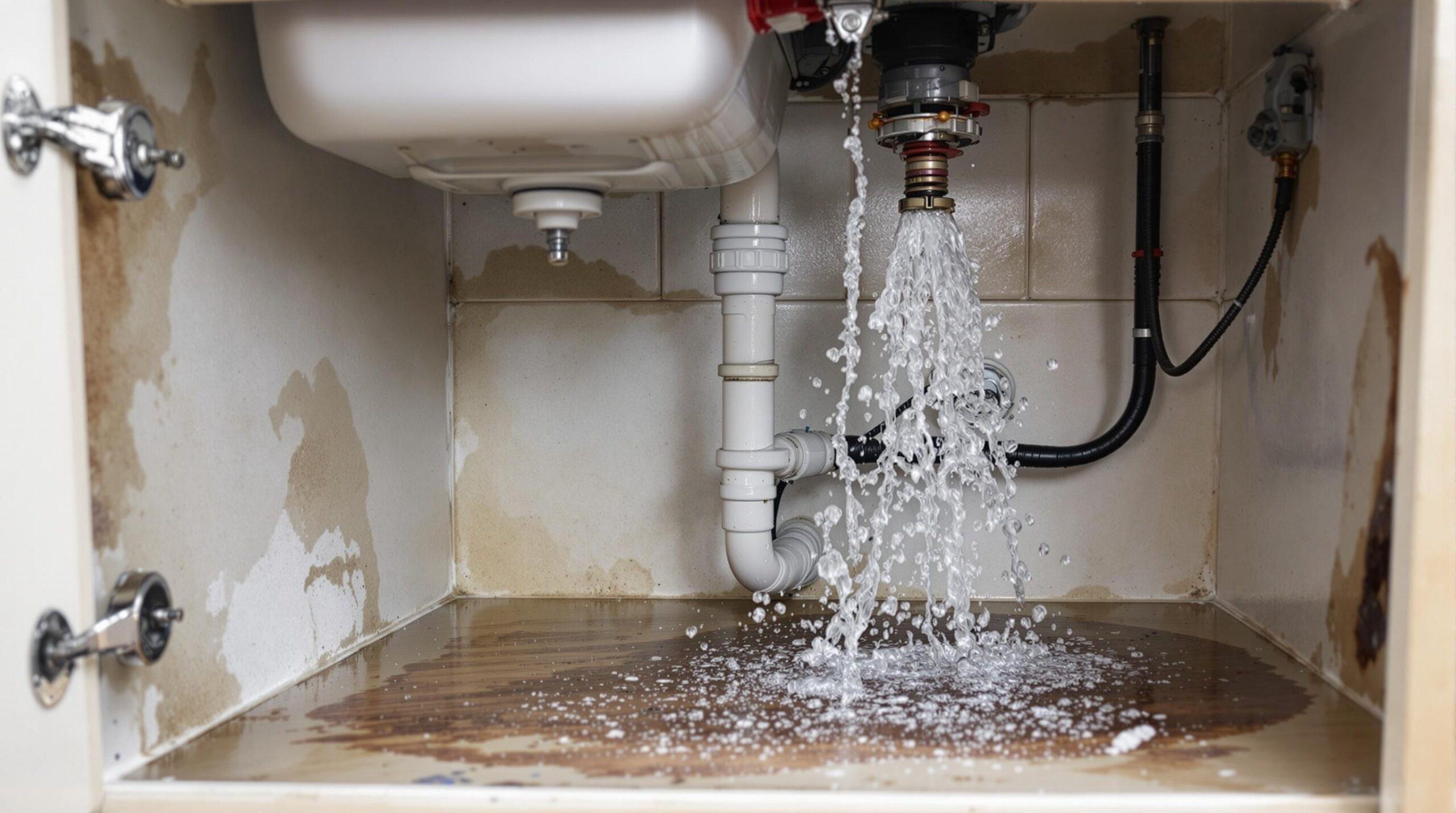 Water gushing from a broken pipe under a kitchen sink, causing flooding and damage, illustrating an emergency plumbing situation in Tidewater, DE.