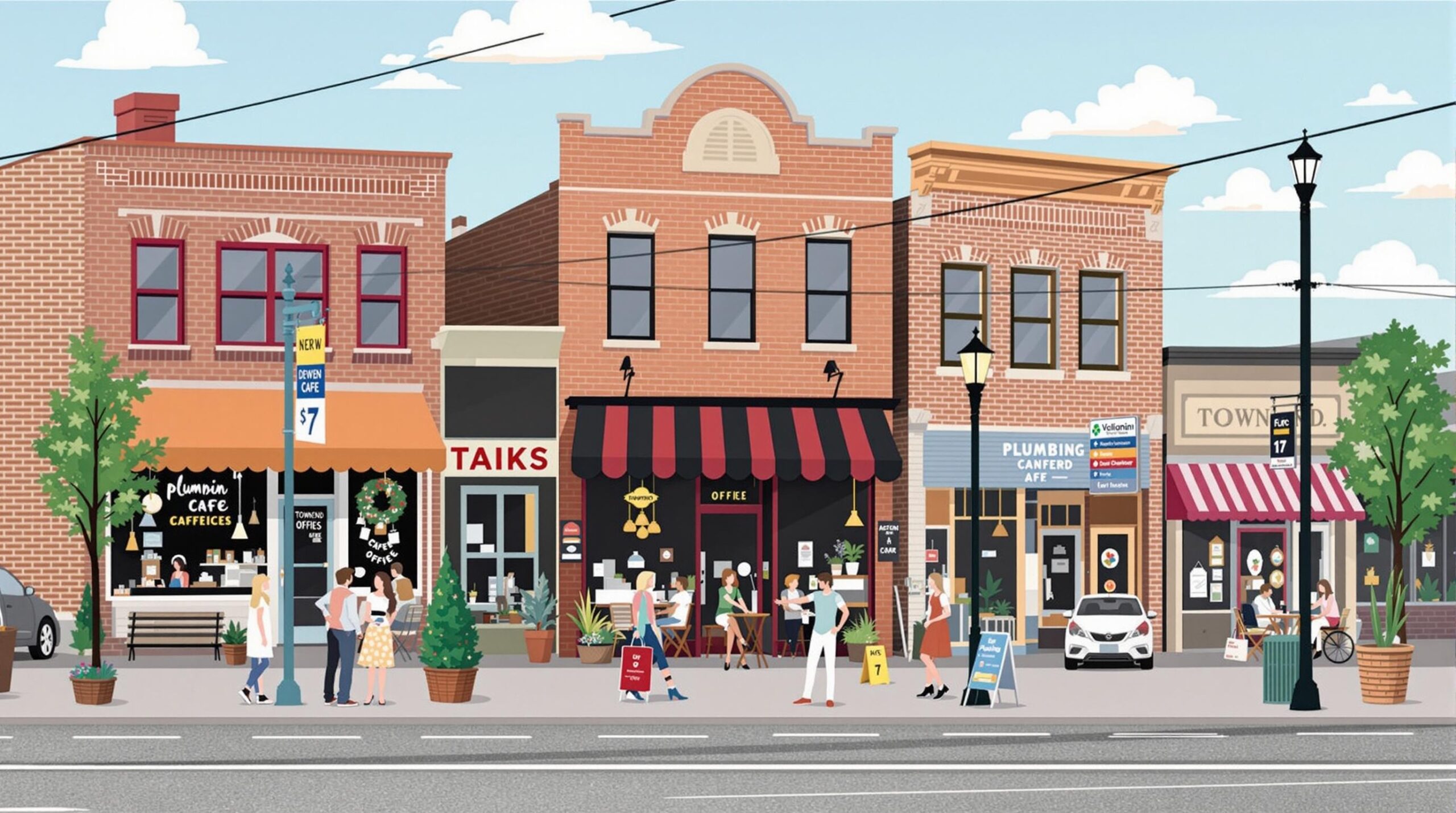 Illustration of a bustling Townsend, DE street scene featuring various businesses, including a plumbing service, cafes, and shops, with pedestrians enjoying the area.