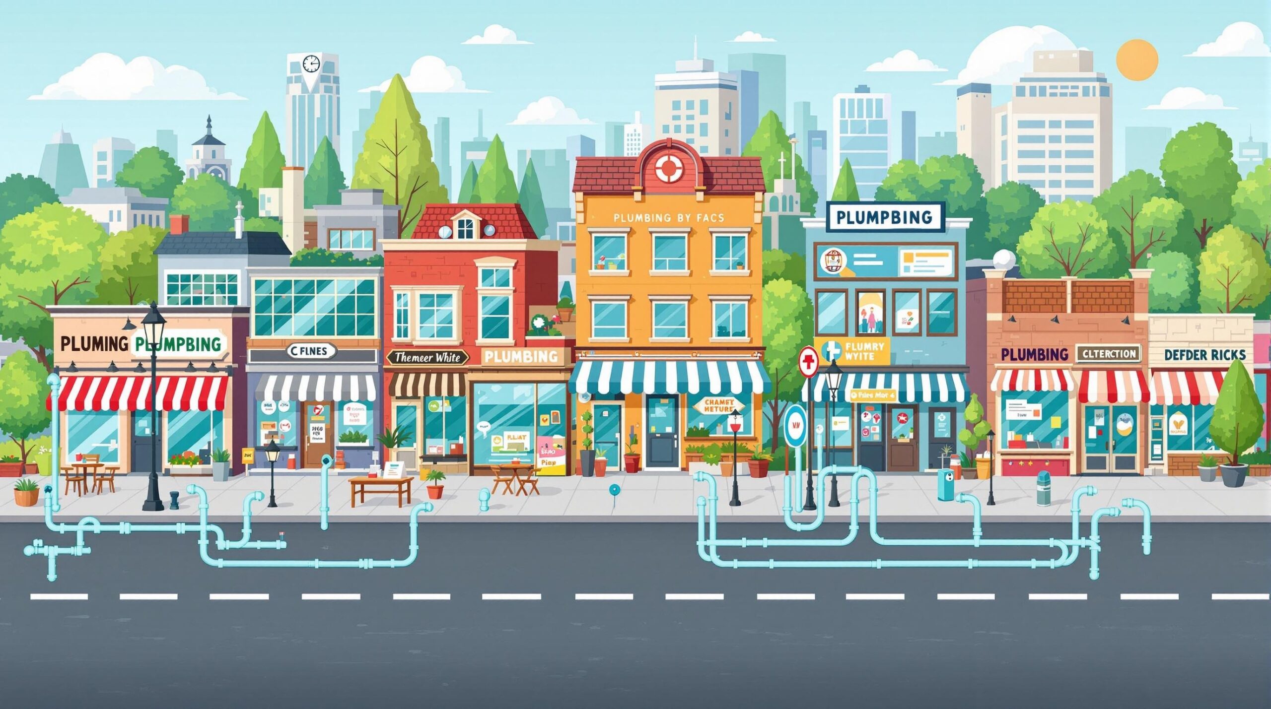Colorful illustration of a street lined with plumbing businesses, featuring storefronts with signs like "Plumbing by FACS" and "Pluming," along with visible blue pipes on the road, representing essential plumbing services in a commercial setting.