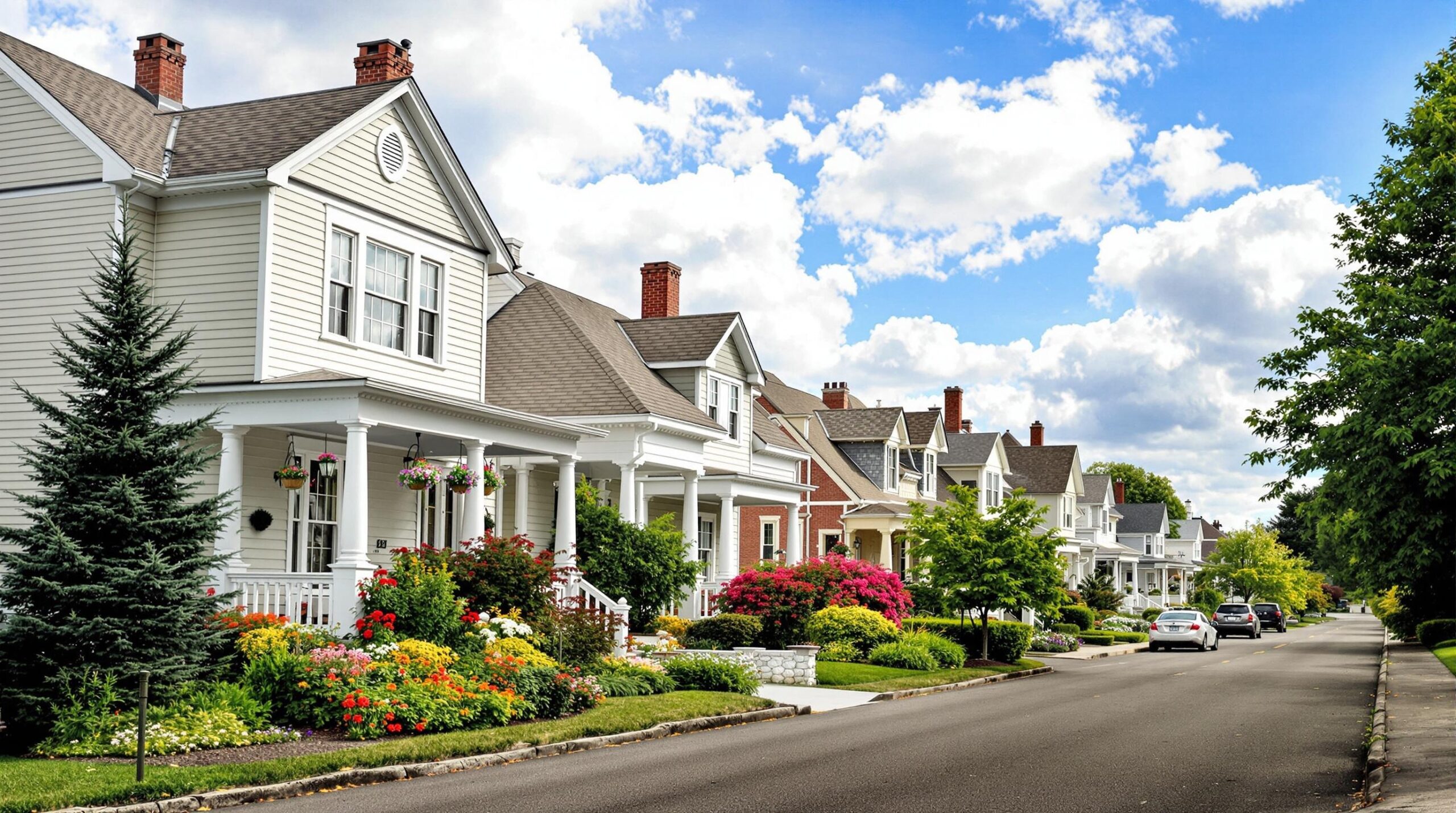 Residential street in Warwick, DE featuring well-maintained houses with colorful flower gardens and greenery, emphasizing the importance of plumbing maintenance for home sales.