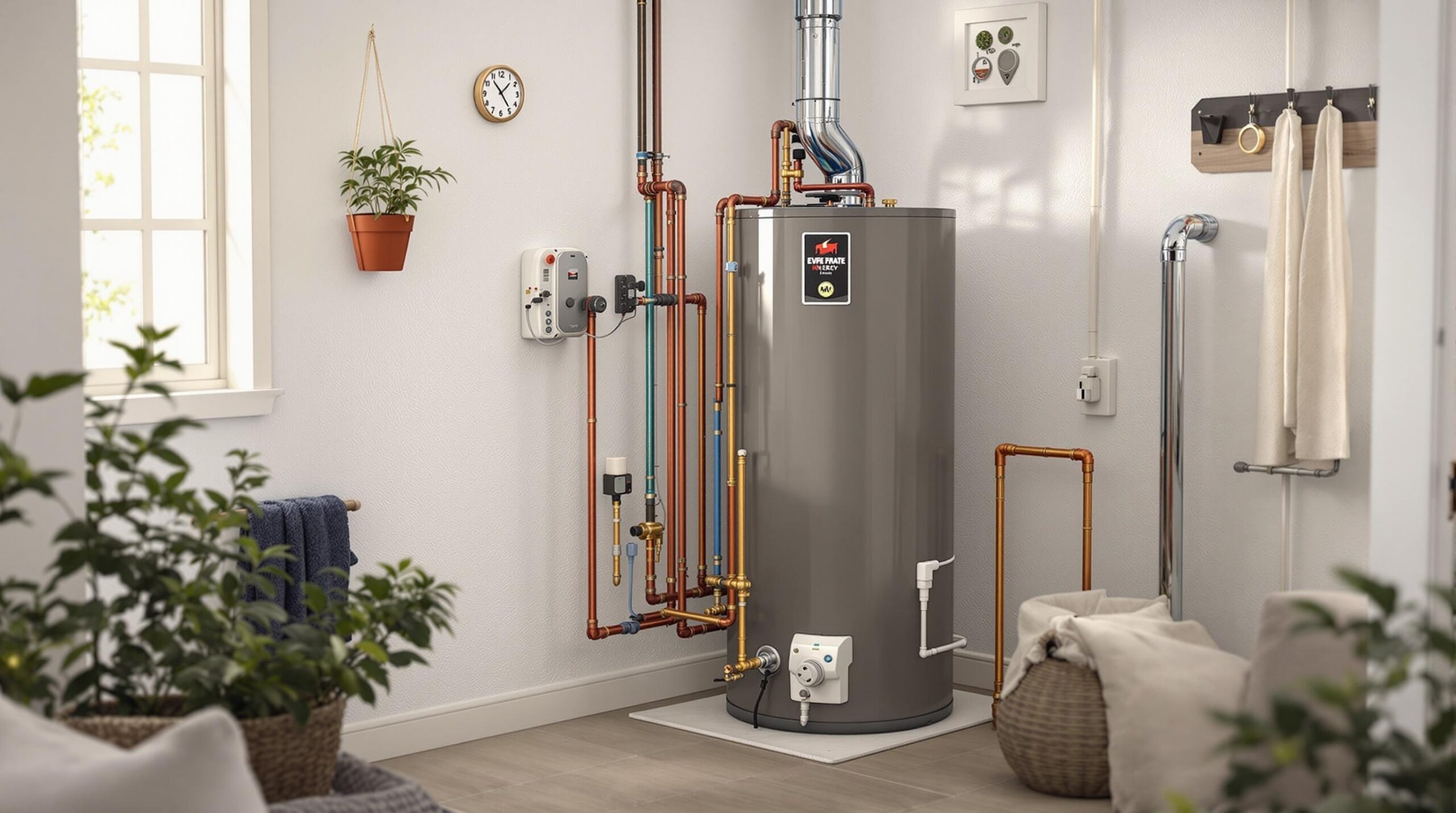 Water heater installation in a modern home setting, featuring copper and blue piping, alongside a clock and potted plant, illustrating maintenance importance for homeowners in Middletown, DE.