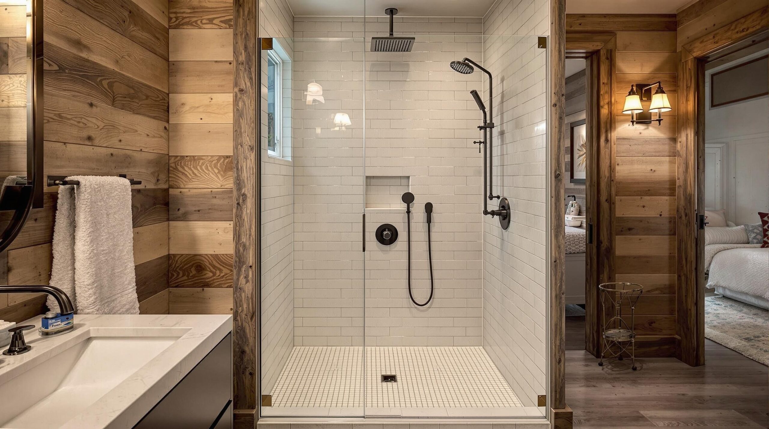 Modern bathroom featuring a glass shower with black fixtures, white tiled walls, and wooden accents, illustrating stylish plumbing upgrades for homes in Townsend, DE.