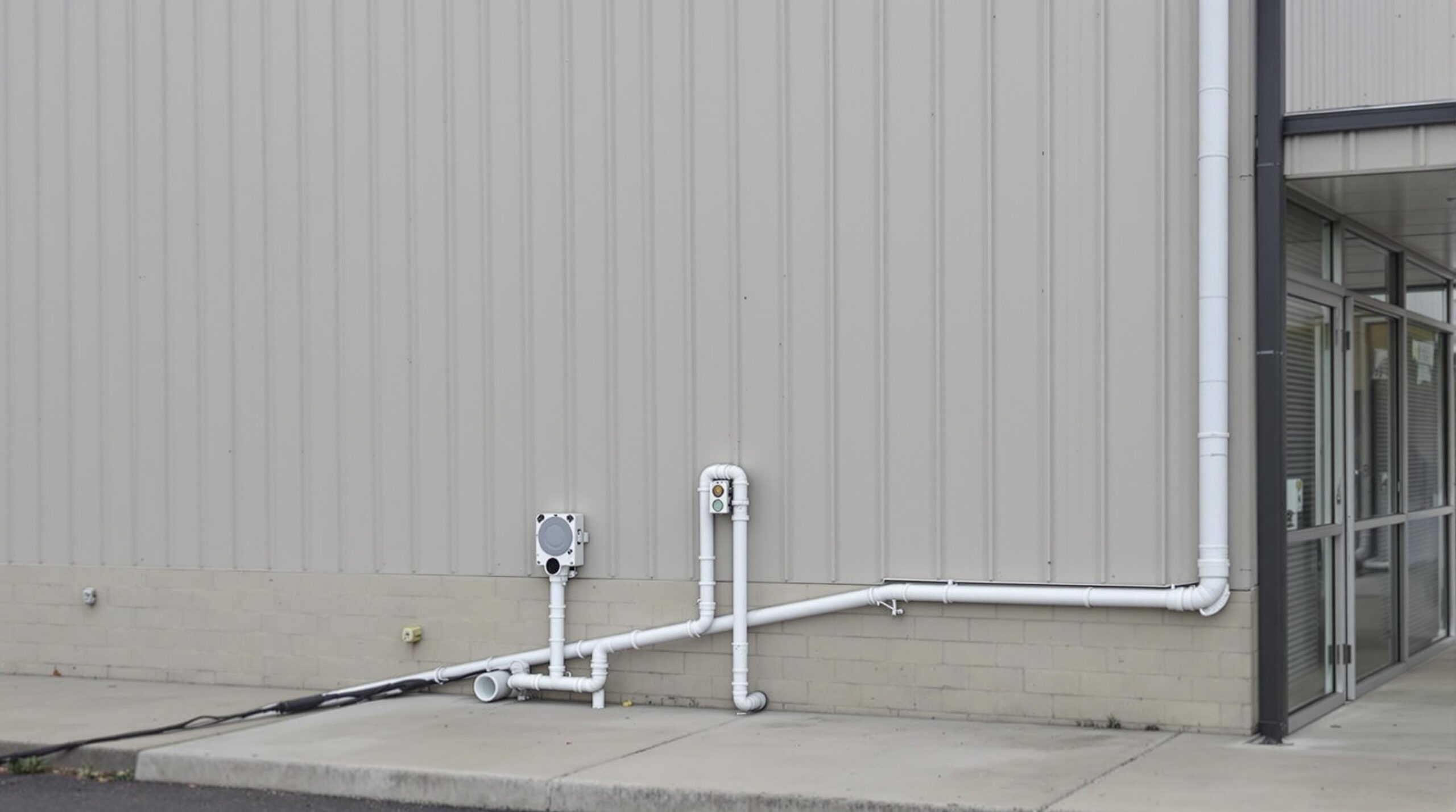 Commercial plumbing installation on exterior wall of a business in Tidewater, DE, featuring white pipes and a gas meter.