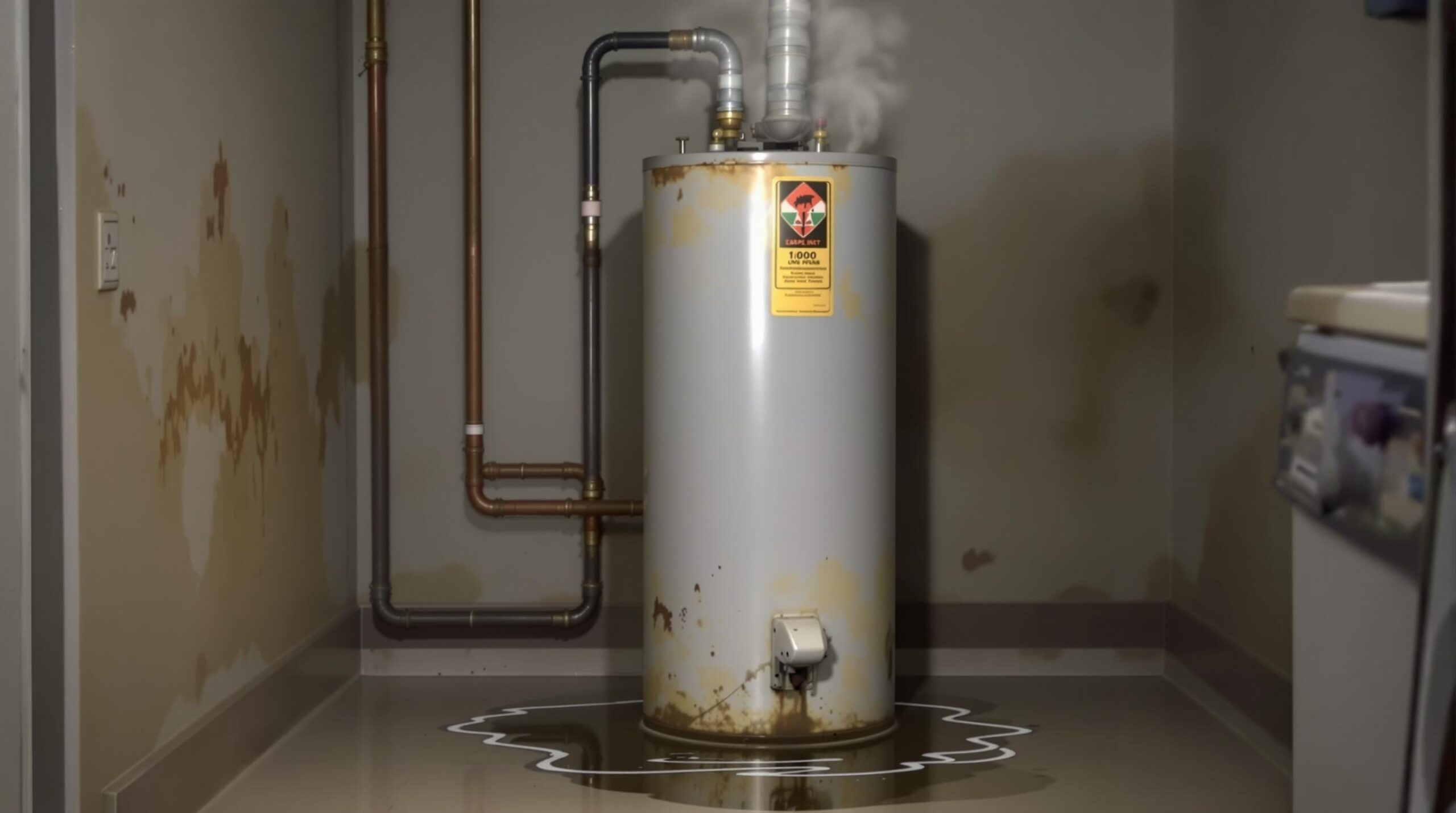 Old, rusty water heater with visible leaks and stains on the wall, indicating potential failure and the need for replacement in a home setting.