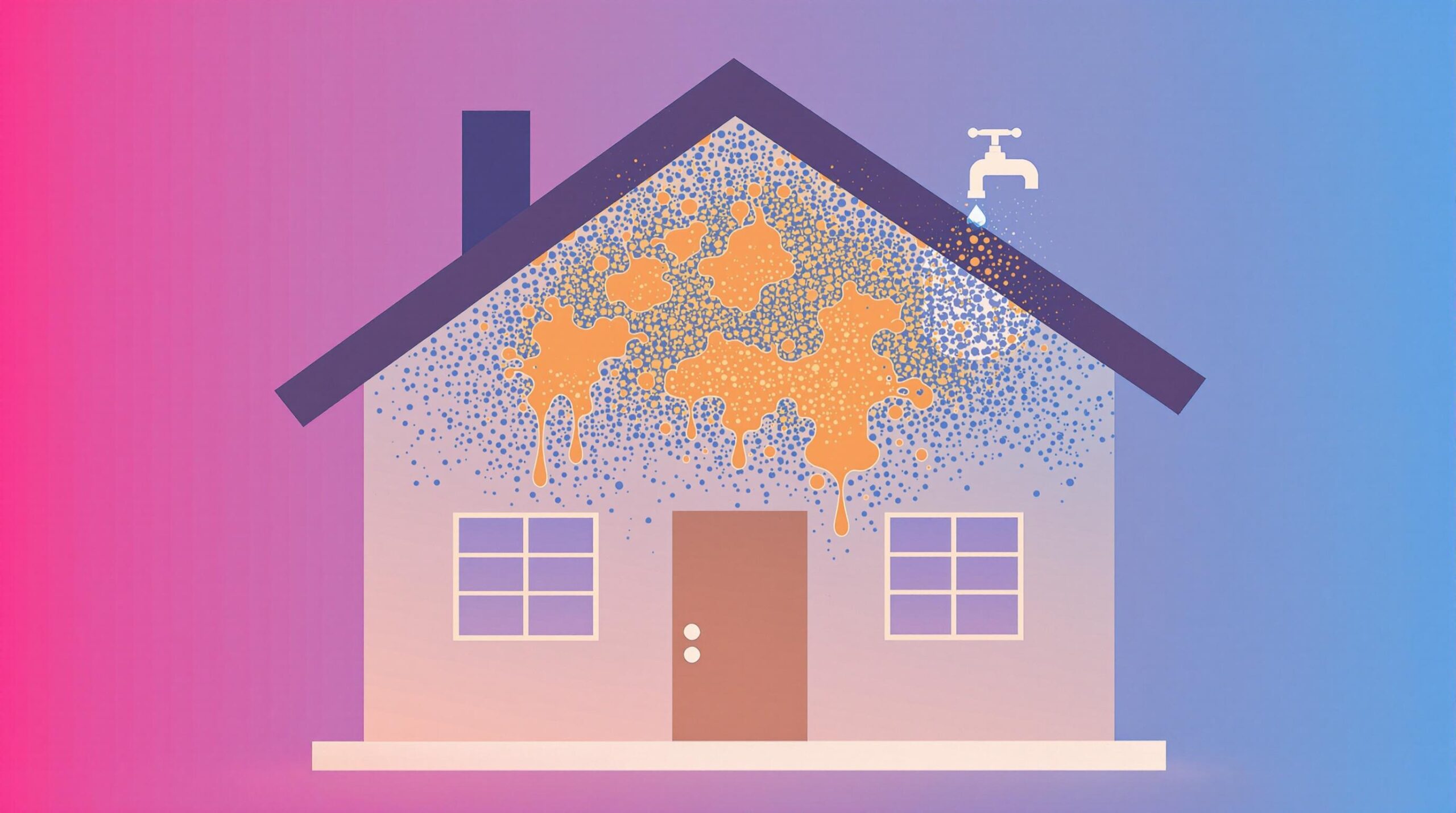 Illustration of a house with visible water damage and orange stains, symbolizing the hidden dangers of minor leaks in homes, relevant to plumbing issues in Townsend, DE.