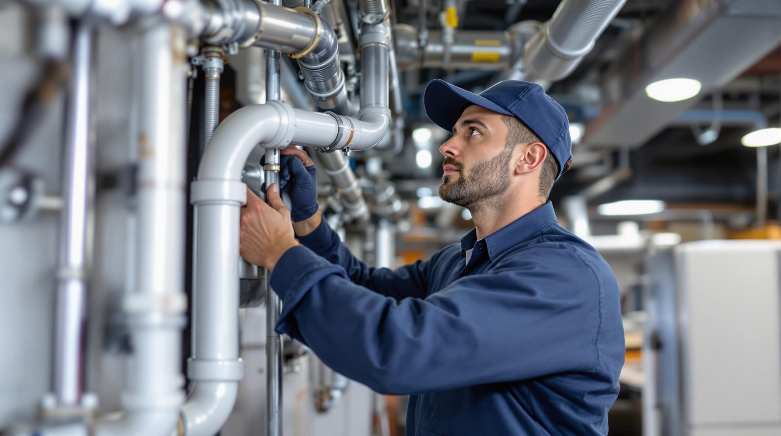 Plumber inspecting and repairing pipes in a commercial setting, emphasizing plumbing maintenance services for businesses in Townsend, DE.