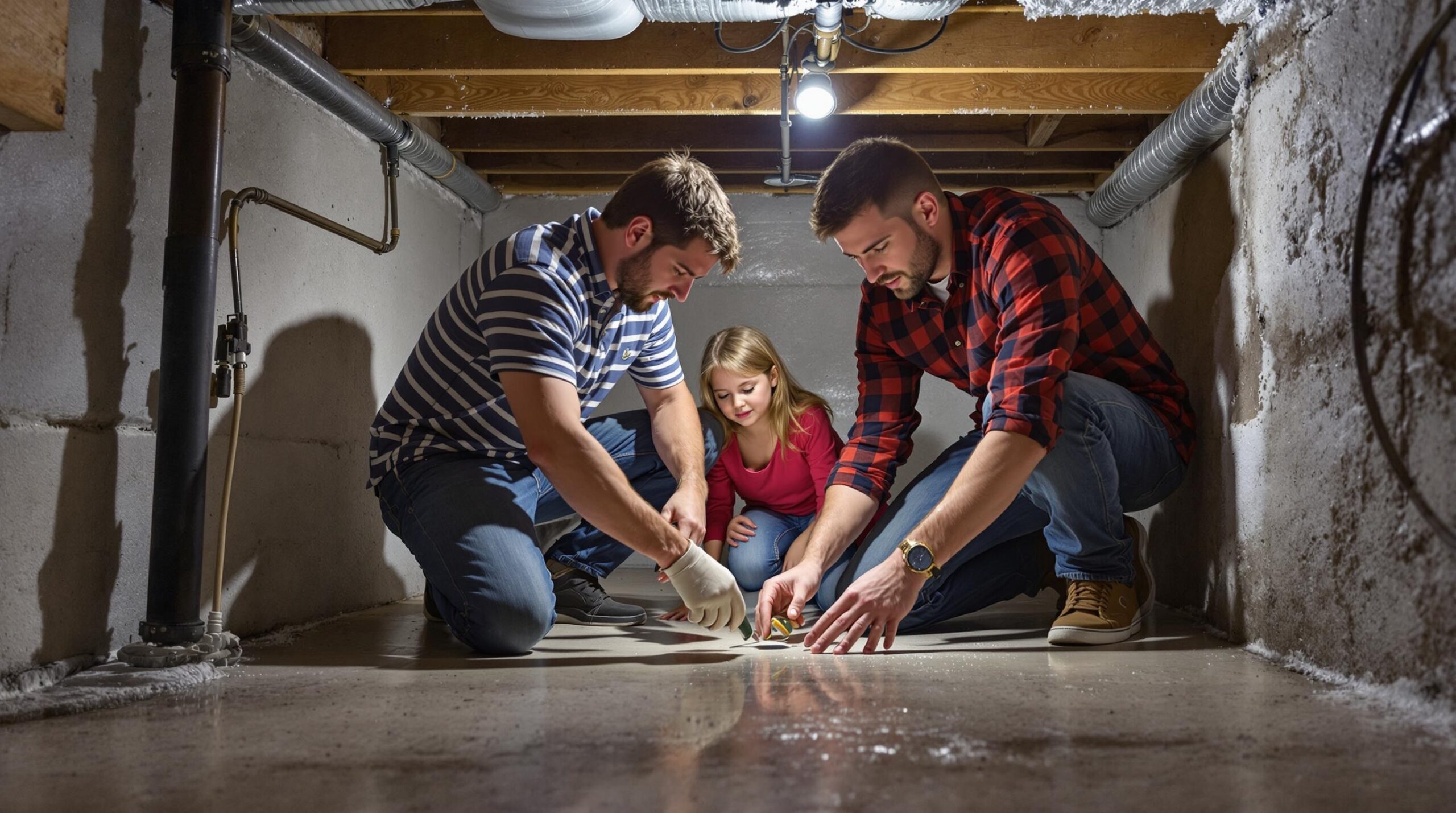 Two men and a girl inspecting a basement floor for water damage, emphasizing leak detection and maintenance in Blackbird, DE.