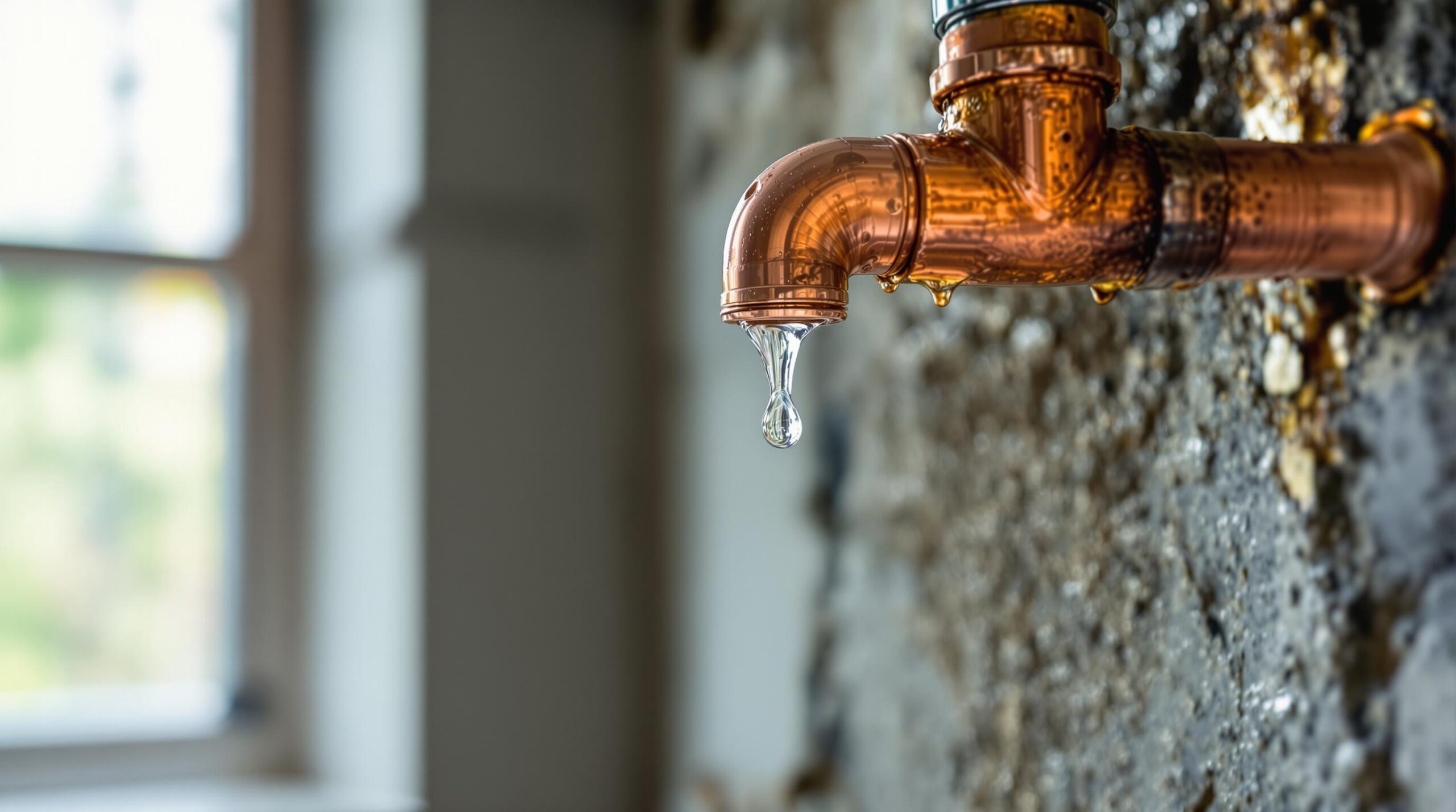 Copper plumbing pipe with a droplet of water leaking, set against a textured wall, illustrating leak detection issues relevant to plumbing maintenance in Blackbird, DE.