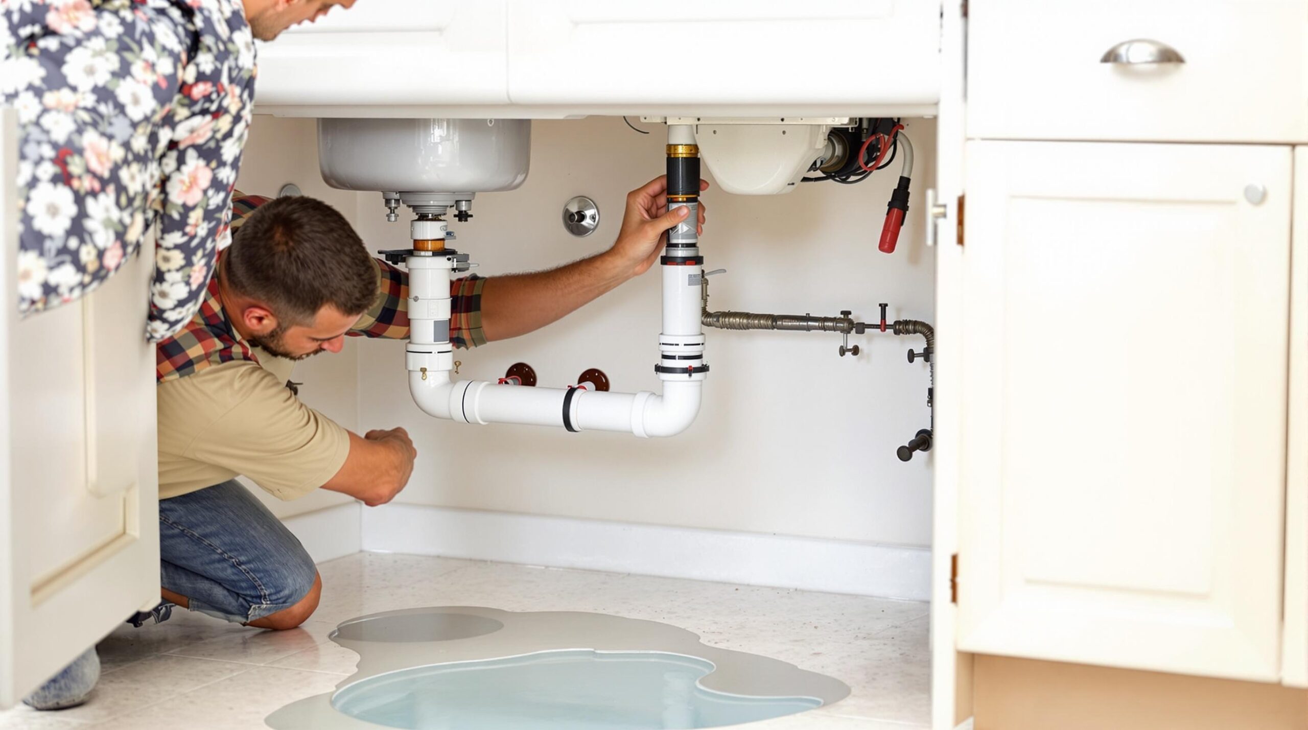 Plumber inspecting under kitchen sink with visible water pooling on the floor, addressing urgent plumbing issues in Tidewater, DE homes.