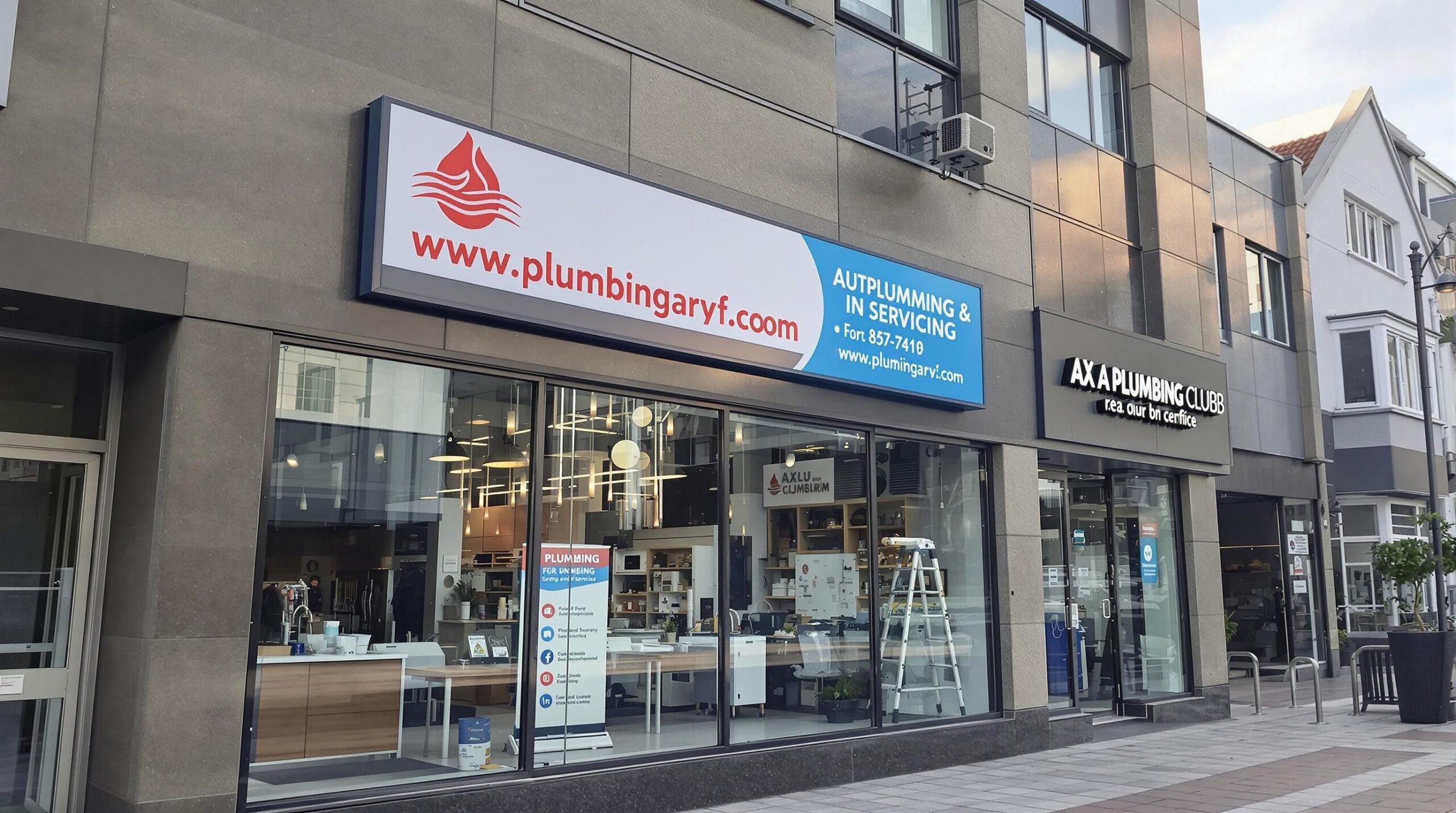 Exterior view of a plumbing business storefront featuring signage for plumbing services and a display window showcasing plumbing products, relevant to plumbing maintenance in Warwick, DE.