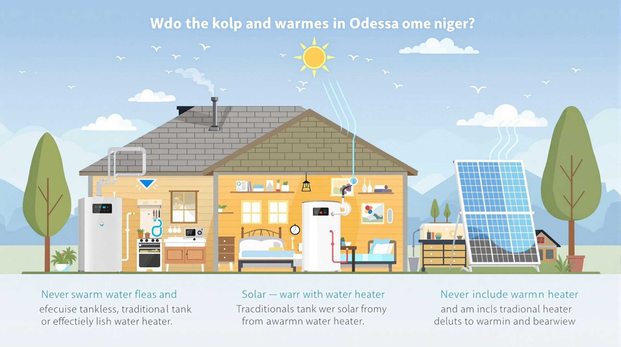 Illustration of a house in Odessa, DE, featuring energy-efficient water heaters, solar panels, and plumbing elements, emphasizing sustainable heating solutions for homeowners.
