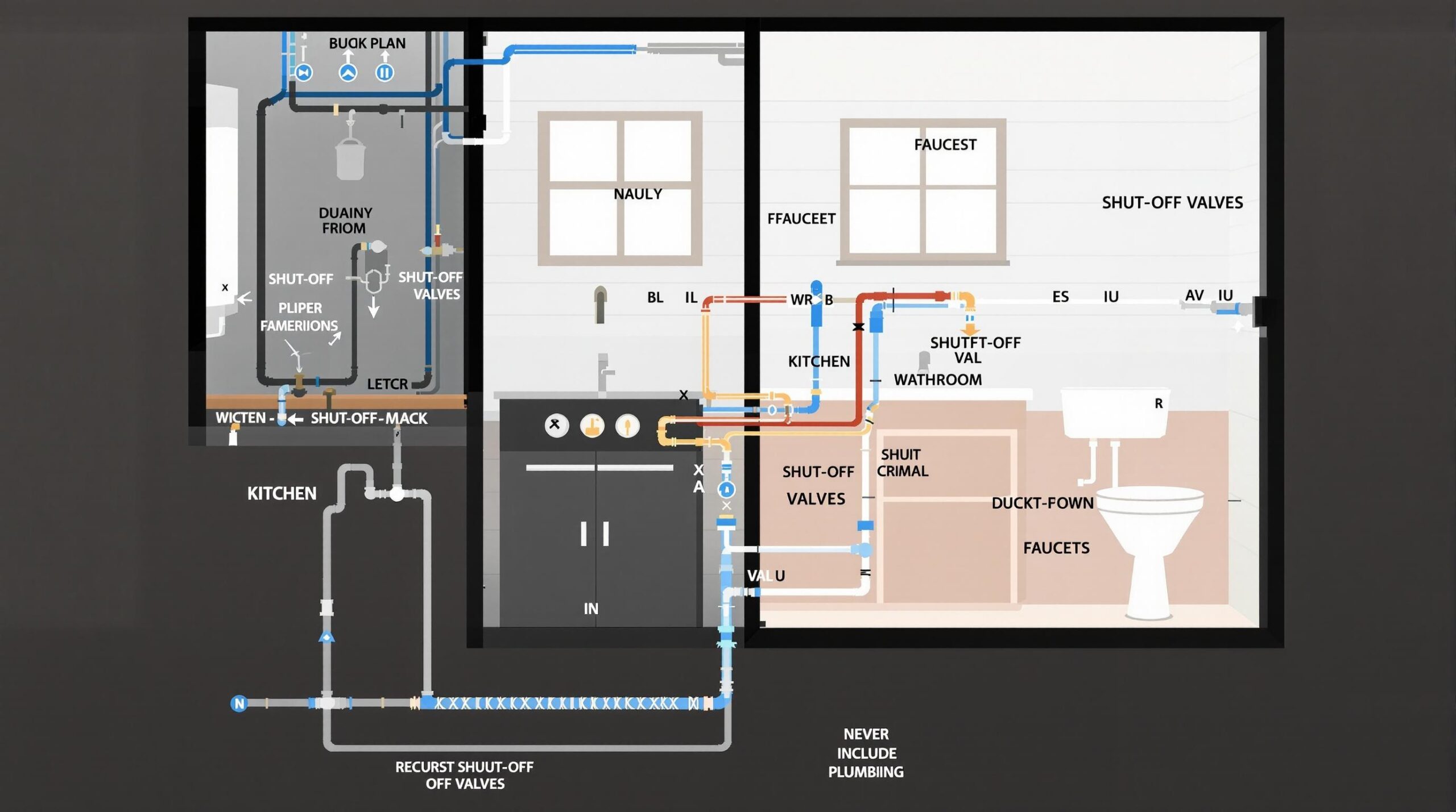 Diagram of plumbing layout for Odessa, DE homes, featuring shut-off valves, kitchen and bathroom fixtures, and plumbing connections, illustrating DIY plumbing fixes and maintenance.