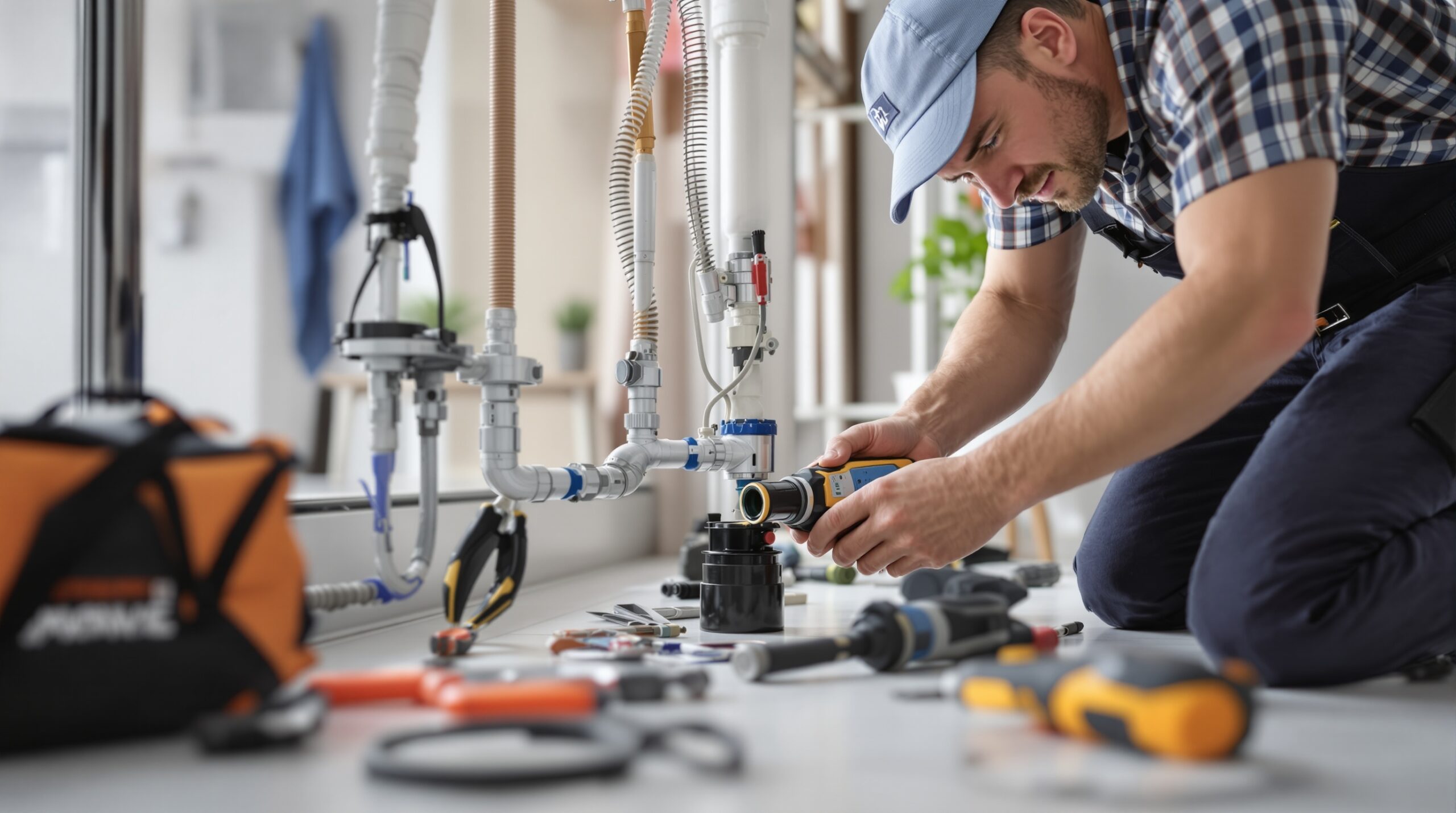 Plumber working on modern plumbing upgrades with tools and equipment in a home setting, emphasizing efficient plumbing solutions for Middletown's expanding neighborhoods.