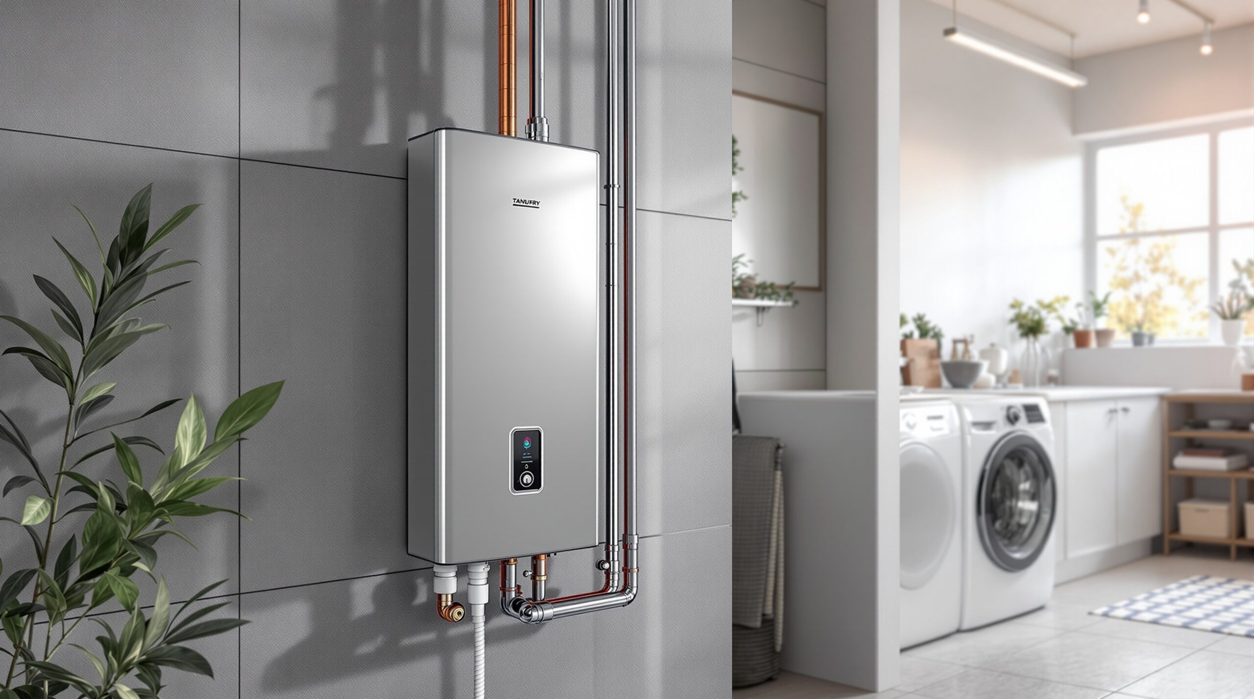 Energy-efficient tankless water heater installed in a modern laundry room with plants and appliances, emphasizing home efficiency for Warwick residents.