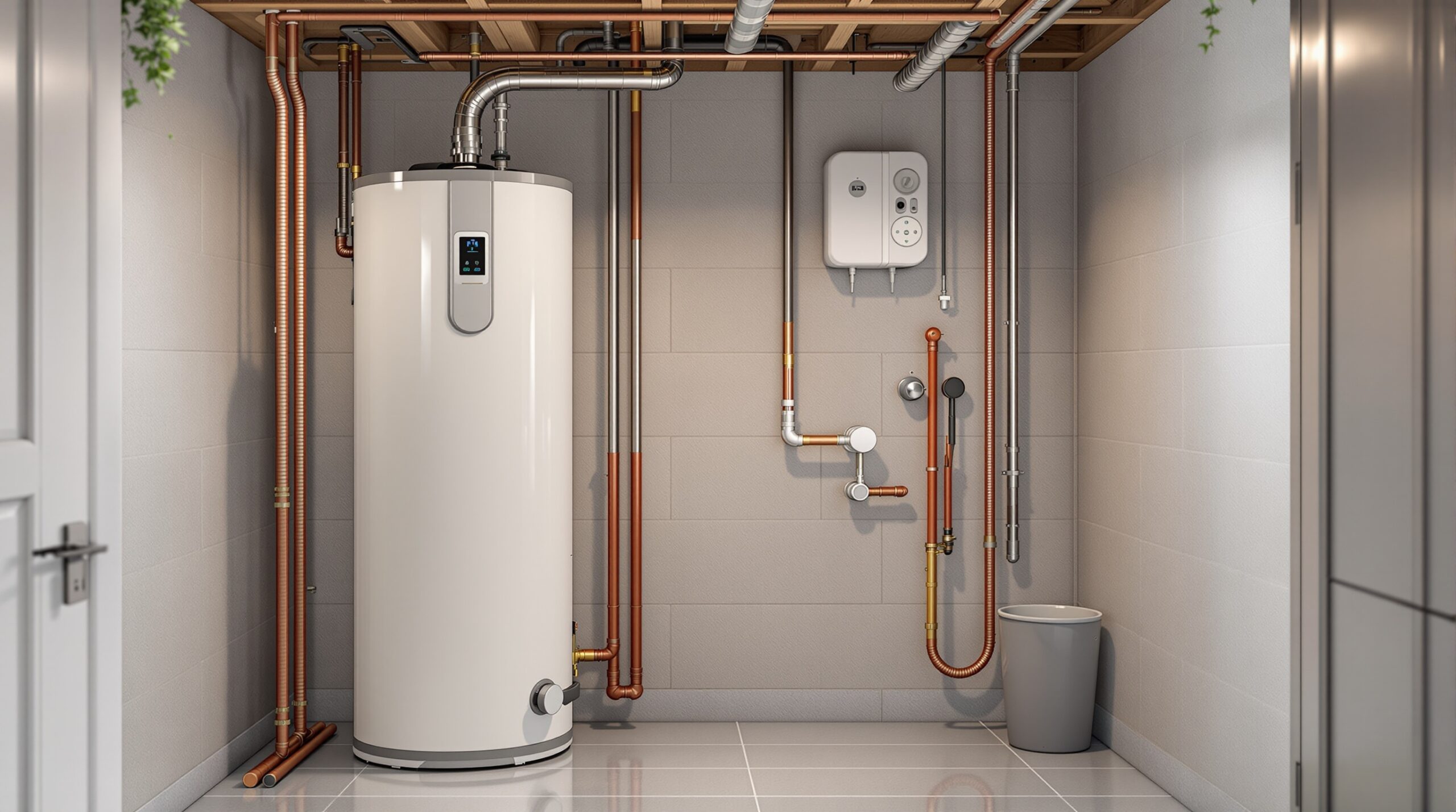 Energy-efficient water heater installation with copper piping and modern plumbing fixtures in a Warwick, DE home.