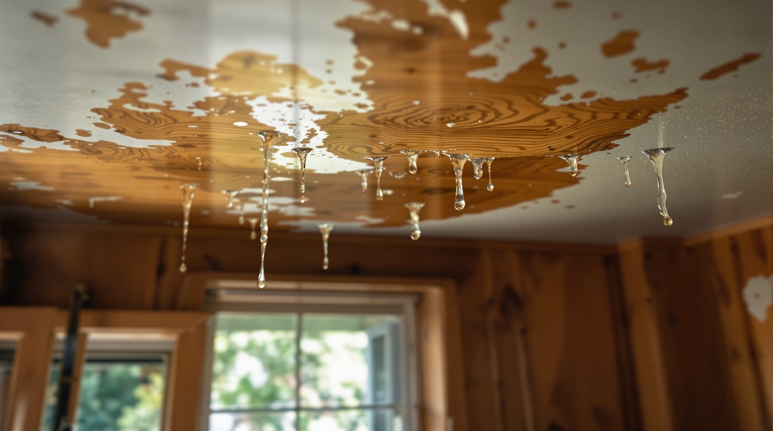 Ceiling with water stains and dripping water droplets, indicating a plumbing leak in a home setting.