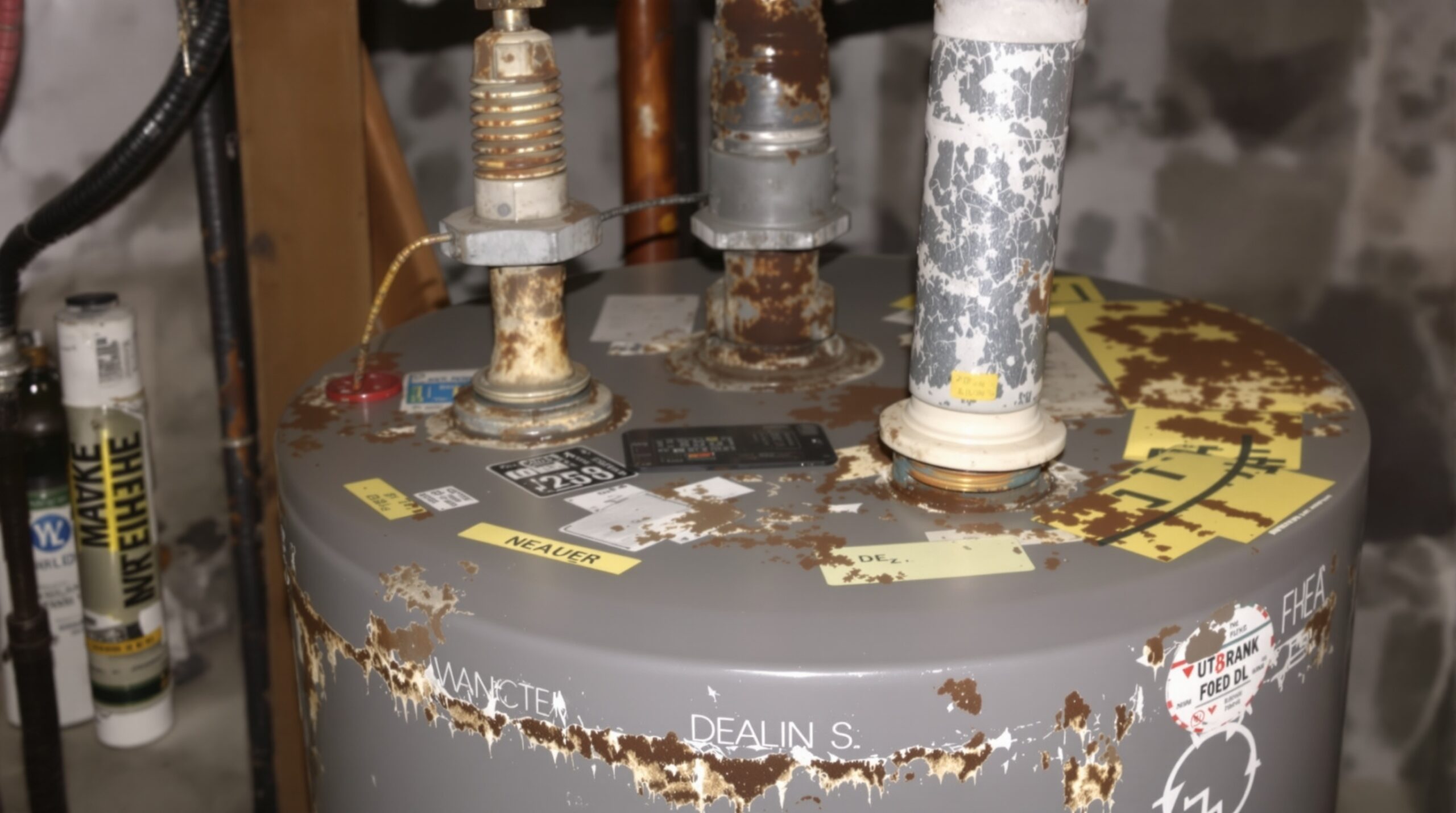 Old and rusty water heater with visible corrosion and labels, indicating signs of wear and potential need for replacement, relevant to homeowner concerns in Warwick, DE.