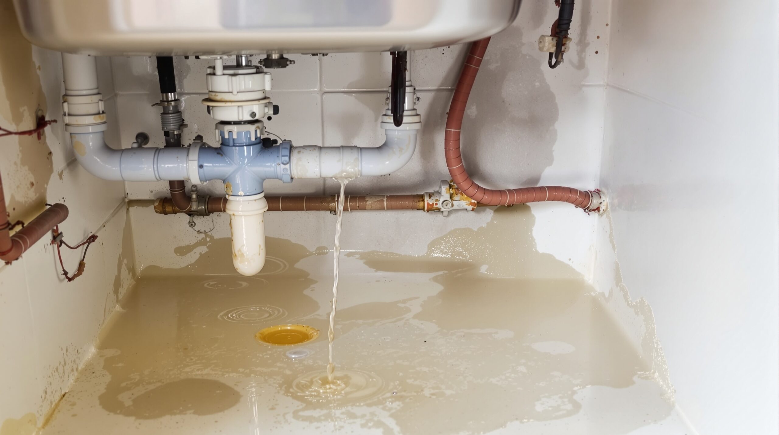 Leaking plumbing under a sink with water pooling on the floor, illustrating the dangers of ignoring small leaks in Warwick, DE homes.