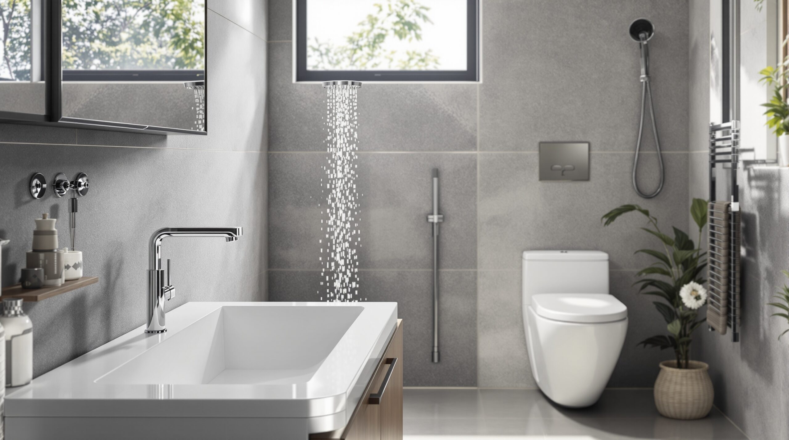Modern bathroom featuring sleek plumbing fixtures, including a stylish faucet, overhead shower, and contemporary toilet, set against a gray tile backdrop with natural light streaming through a window.