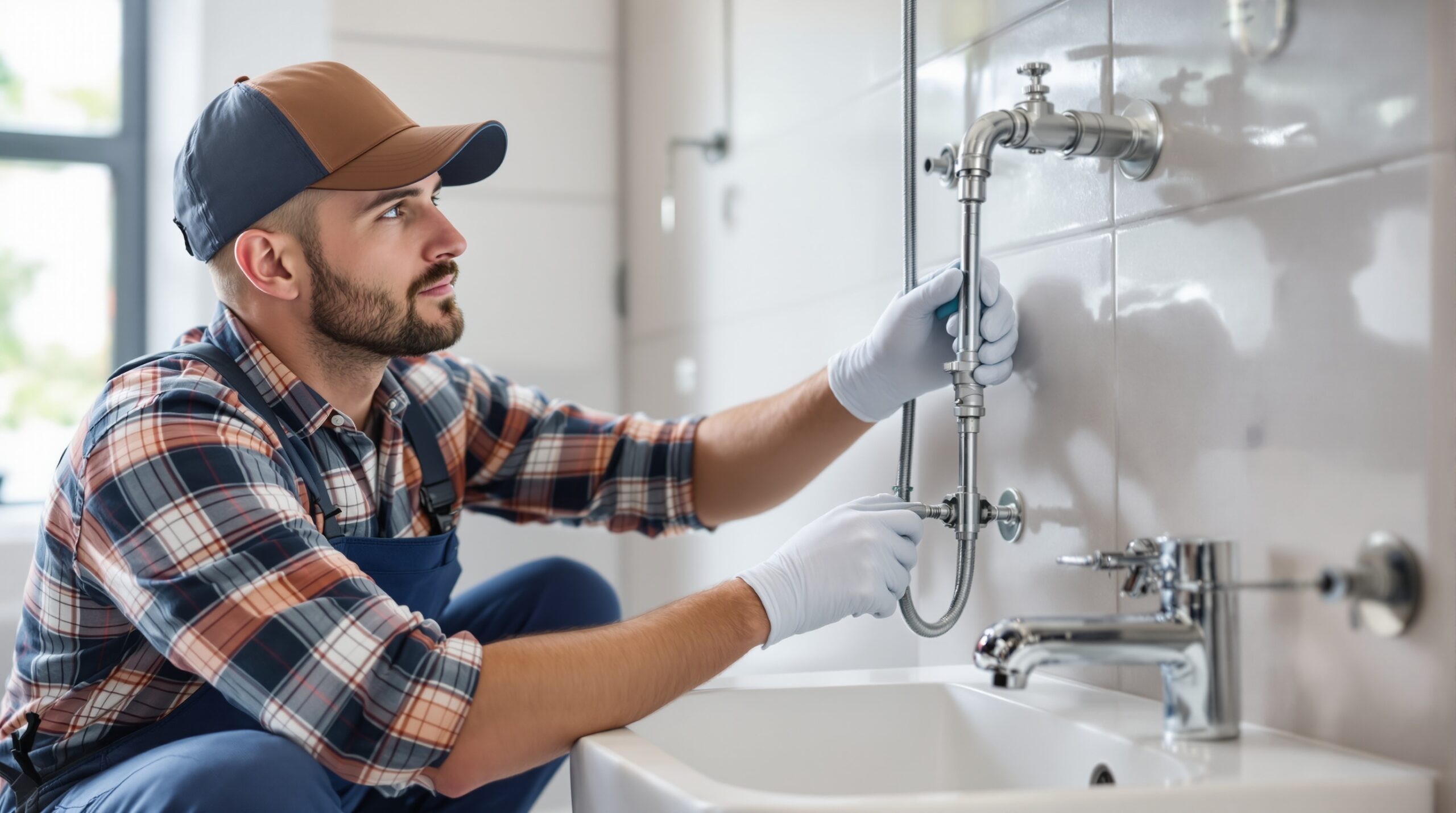 Plumber in plaid shirt and cap working on modern bathroom plumbing upgrades, enhancing functionality and aesthetics in Warwick, DE.