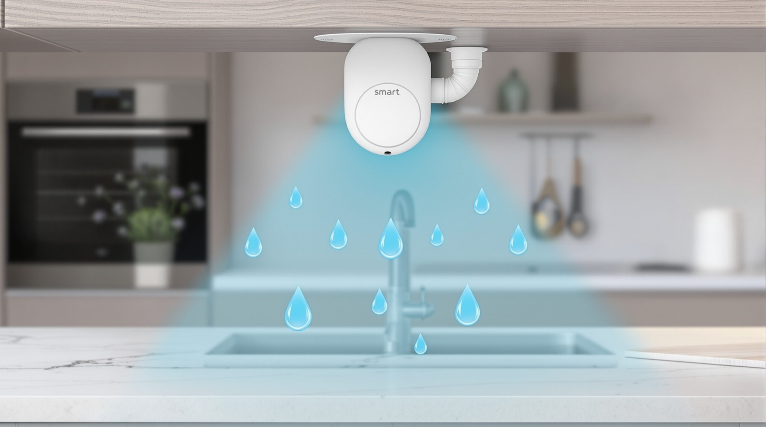 Smart leak detector mounted above a kitchen sink with simulated water droplets, illustrating leak detection technology for homeowners in Warwick, DE.