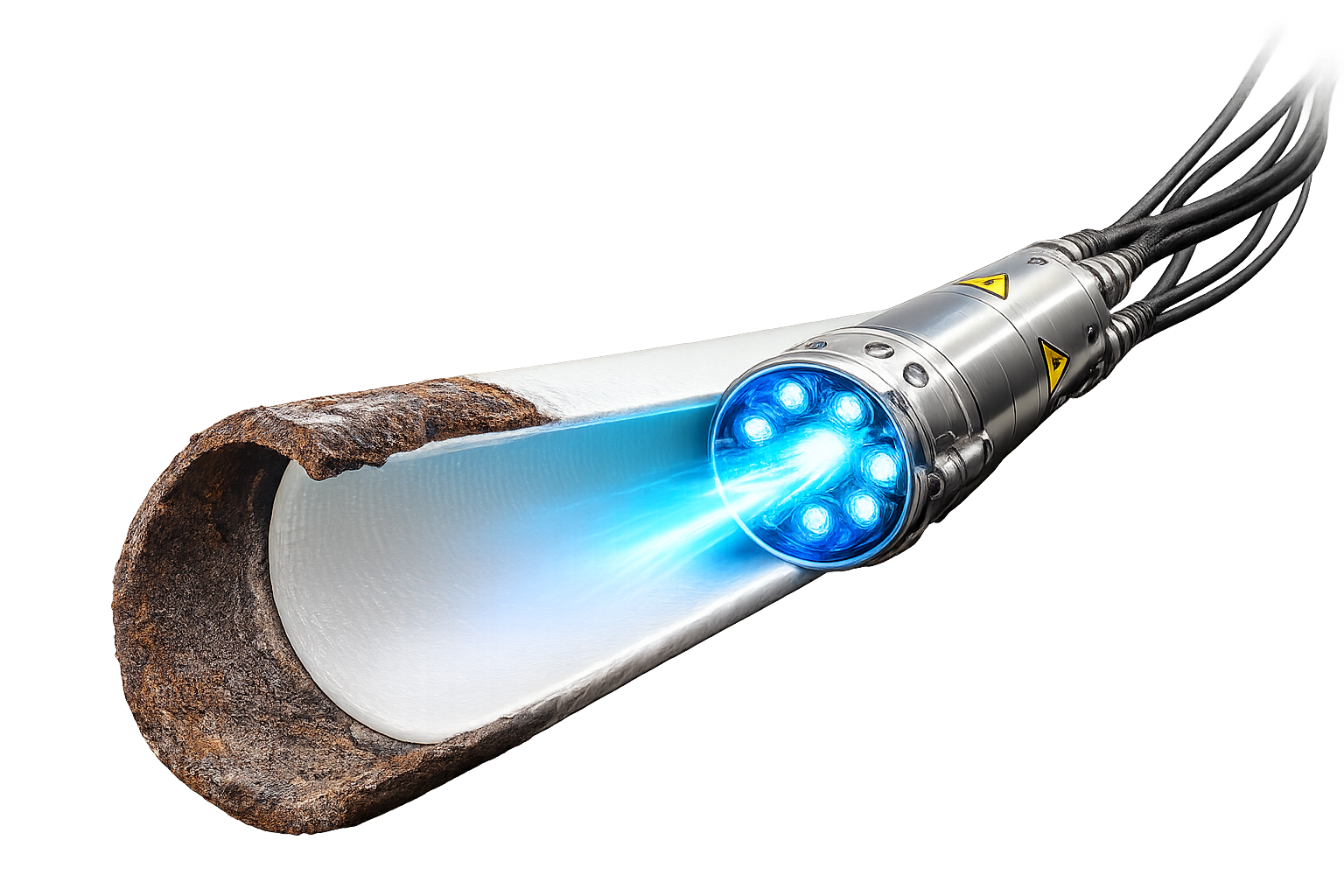 LightRay technology for trenchless sewer repair, showcasing a futuristic device emitting blue light inside a damaged pipe, emphasizing innovative solutions for home sewer line issues without excavation.