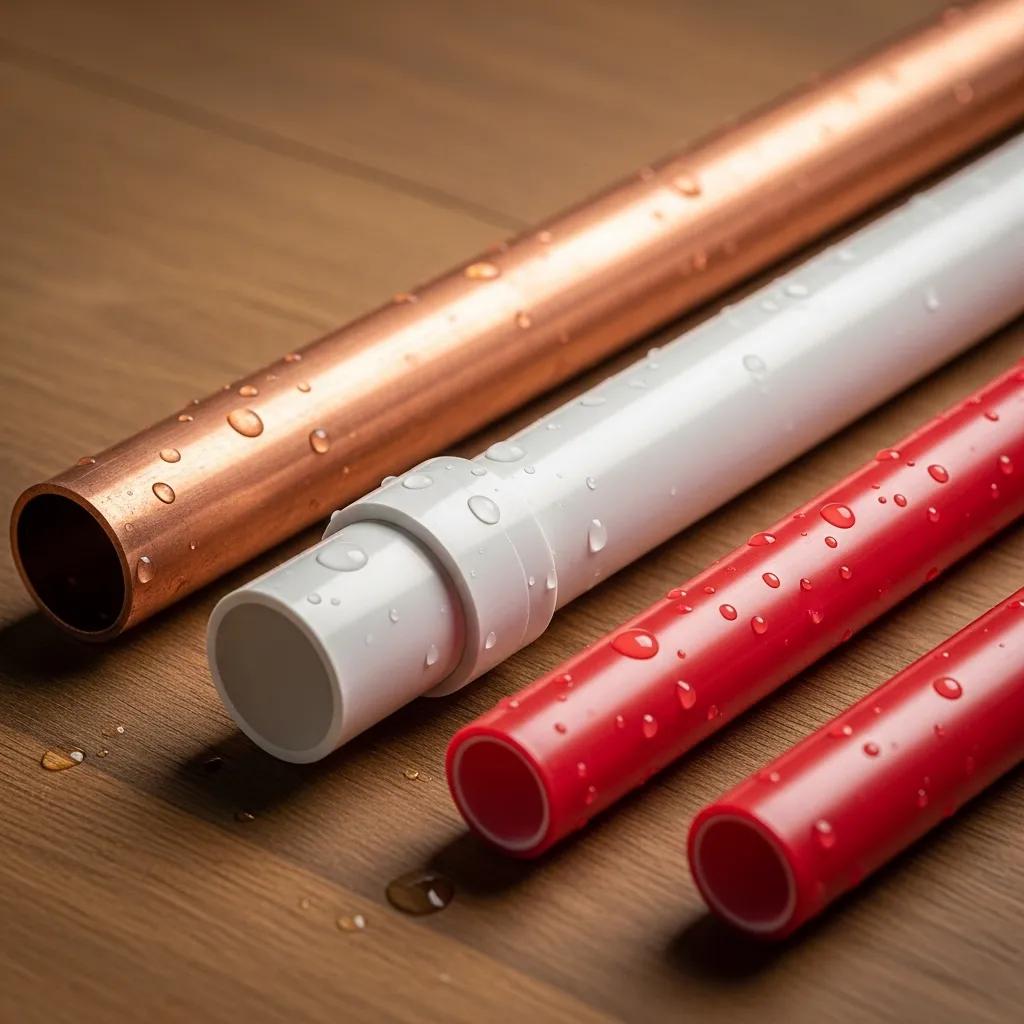 Close-up of copper, PVC, and PEX pipes highlighting their textures and colors