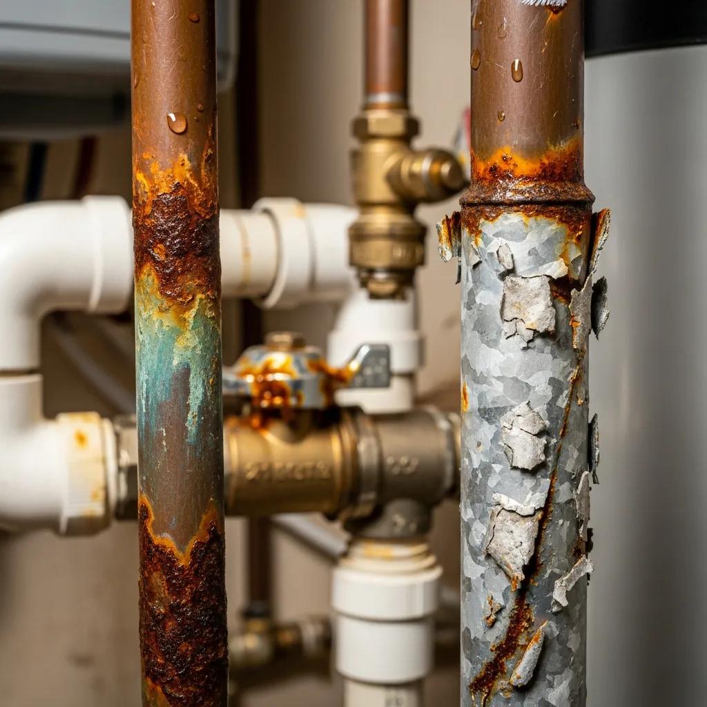 Close-up of corroded pipes showing rust and flaking, illustrating the need for regular plumbing inspections