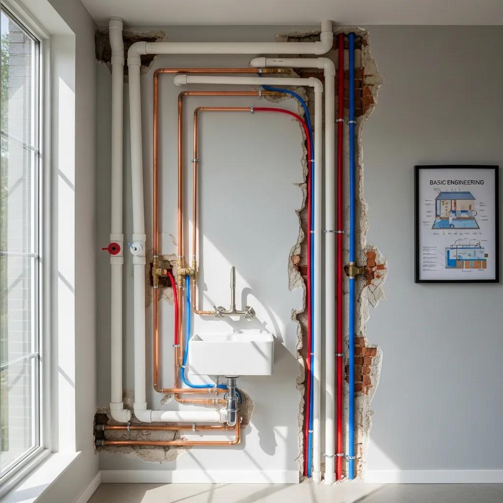 Modern home plumbing system showcasing copper, PVC, and PEX pipes