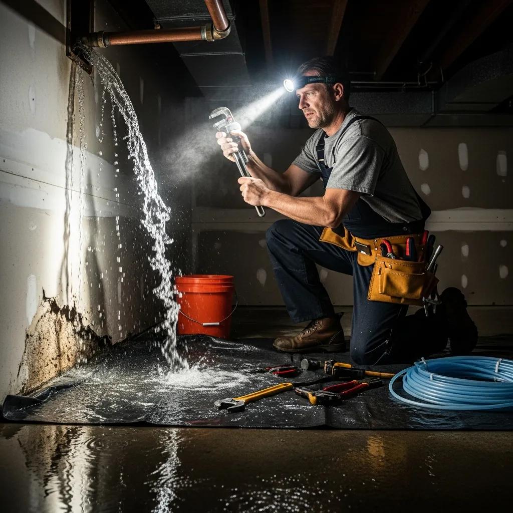 Plumber addressing a plumbing emergency with leaking pipes, highlighting the urgency of seeking professional help