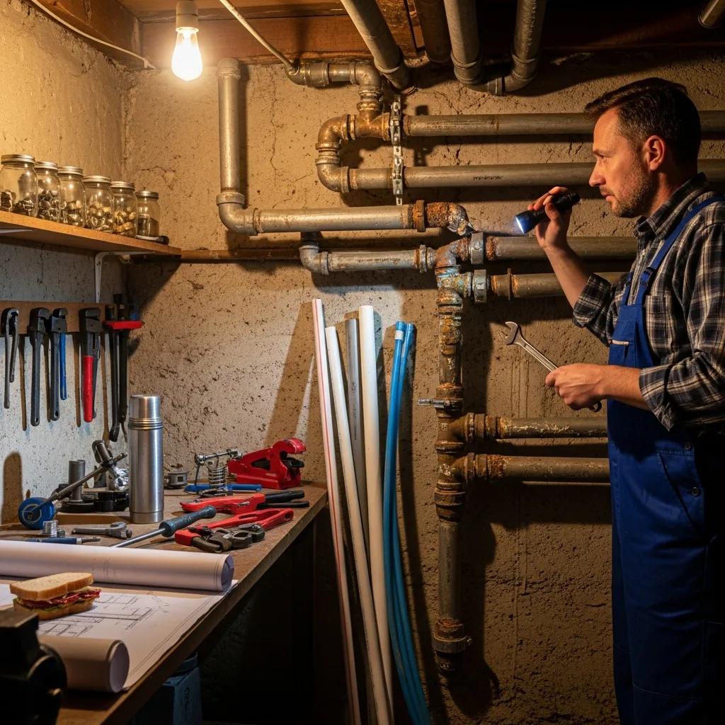 Plumber inspecting aging pipes in a home, emphasizing the importance of timely pipe replacement